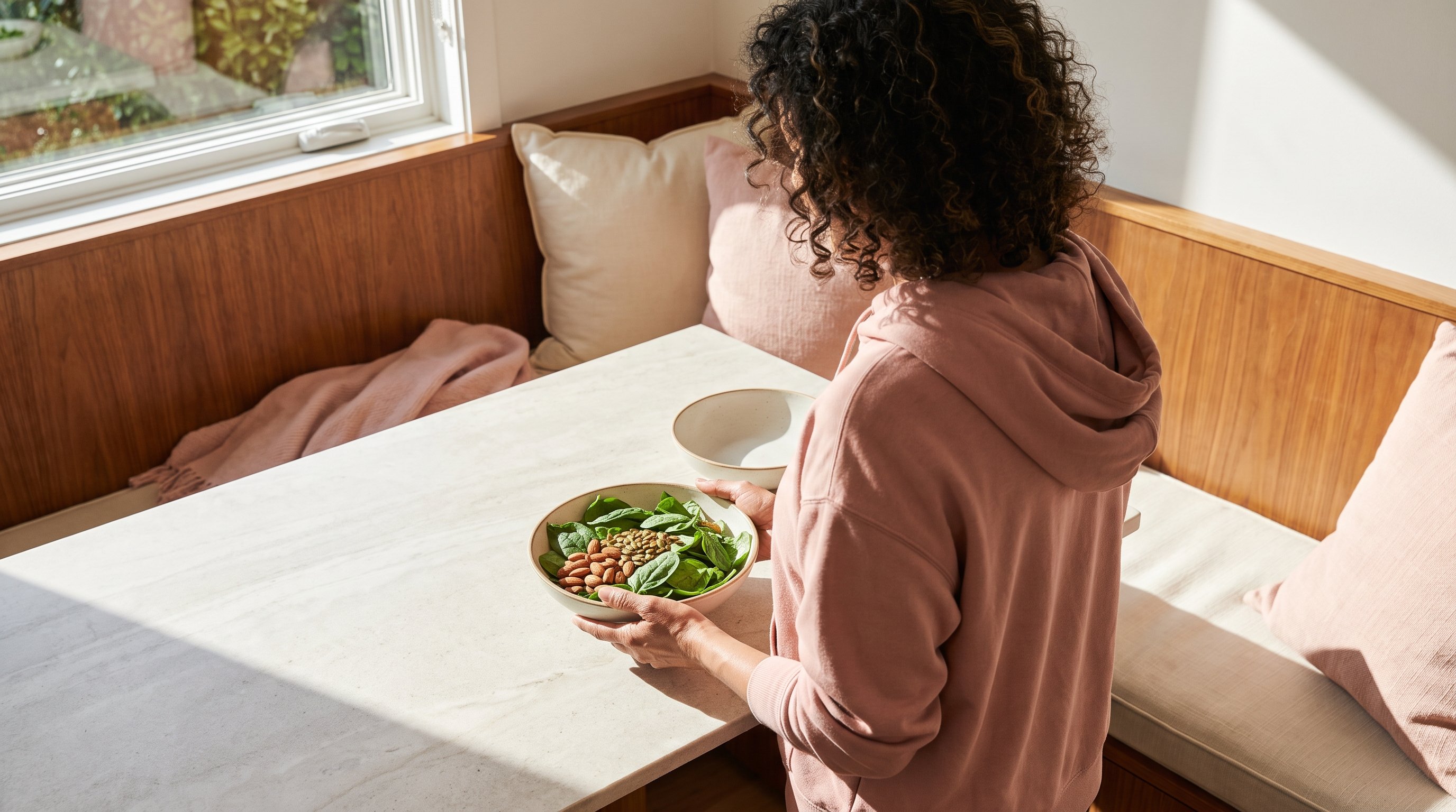 bowl of spinach almonds and pumpkin seeds on a kitchen counter