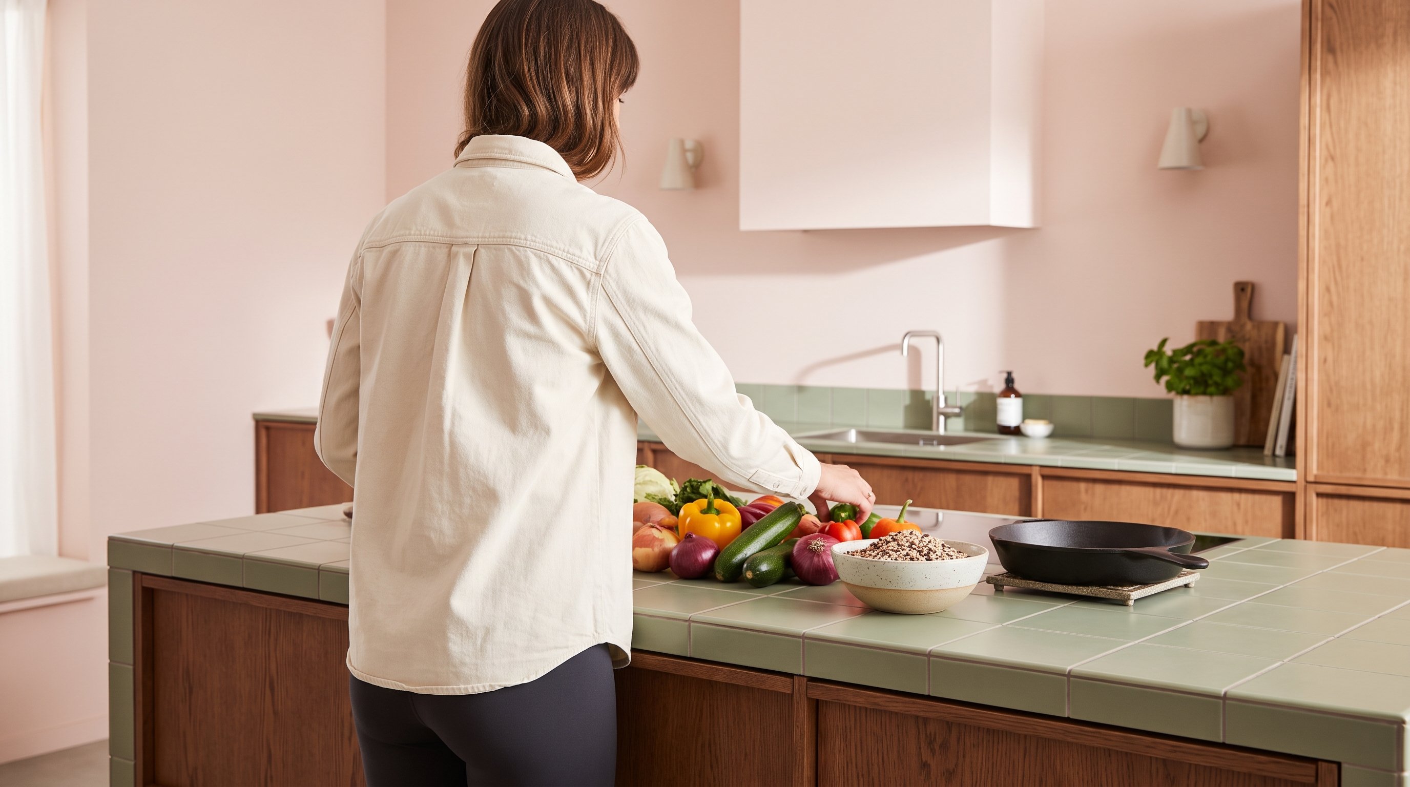 person chopping vegetables on a wooden kitchen counter