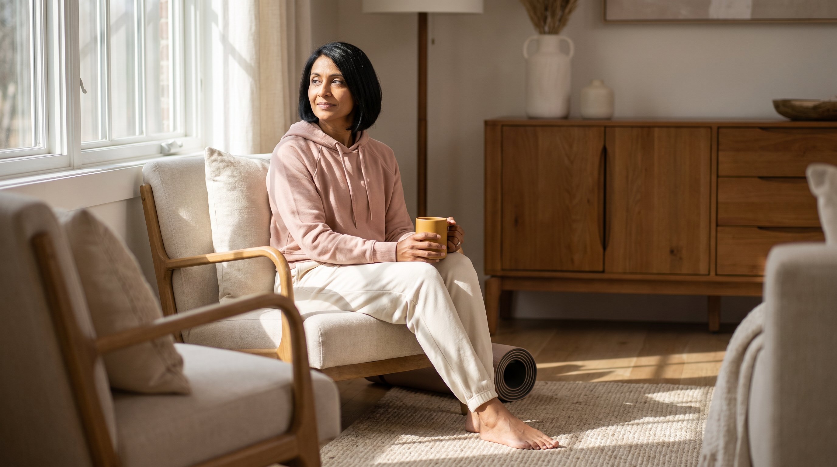 woman relaxing at home following a kegel exercise routine