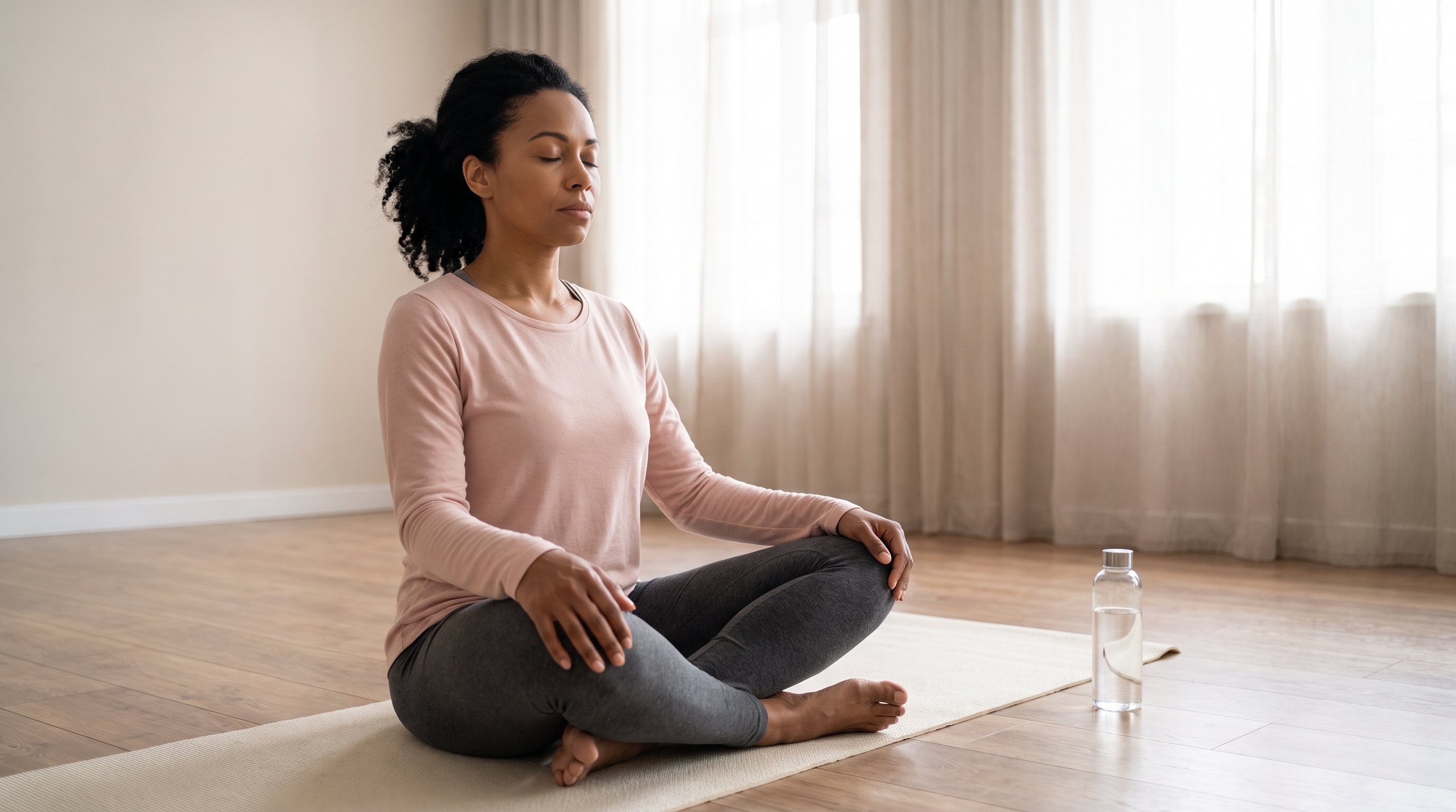 person sitting cross legged on a mat with eyes closed breathing slowly
