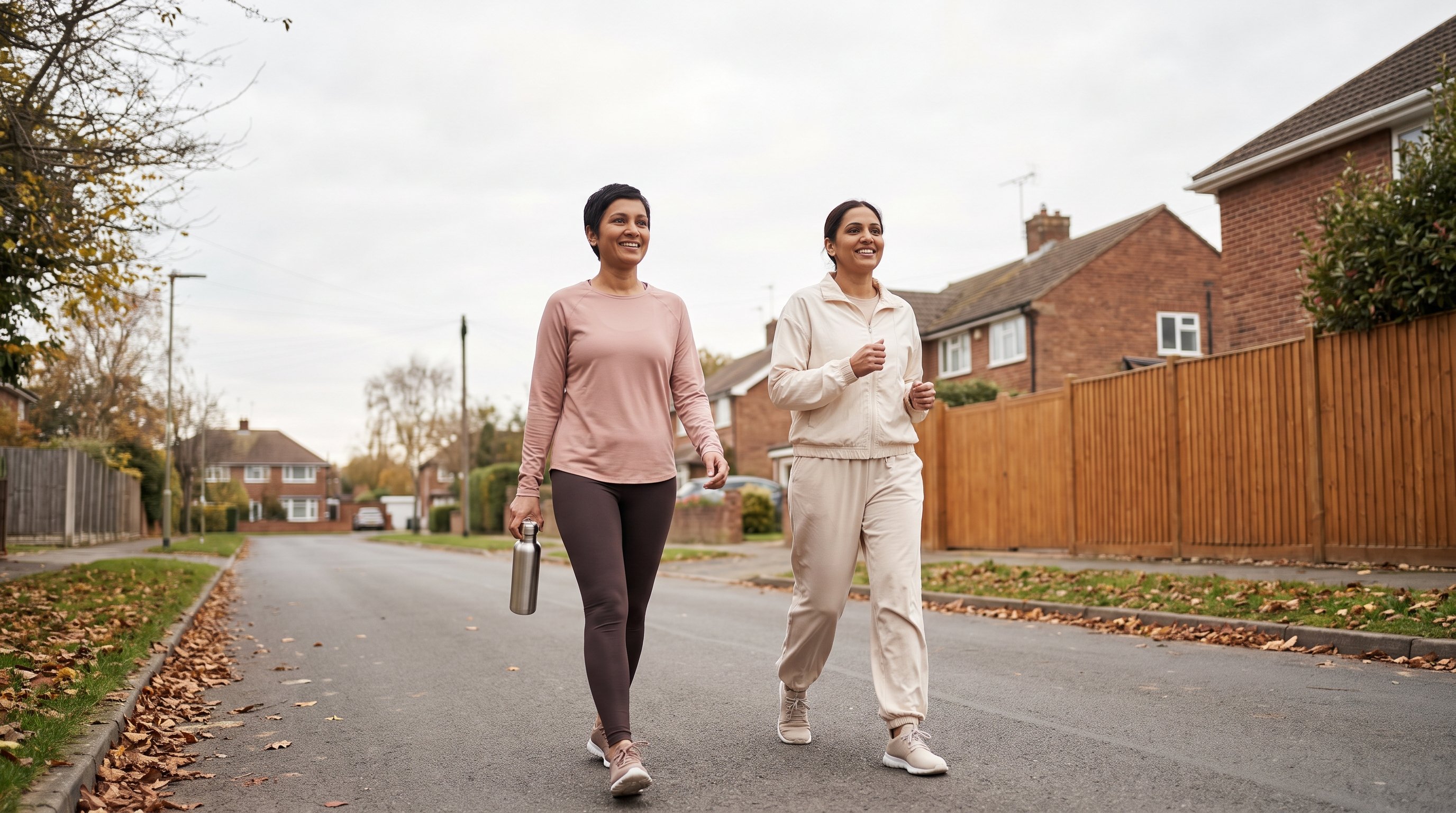 two people walking briskly together on a quiet street