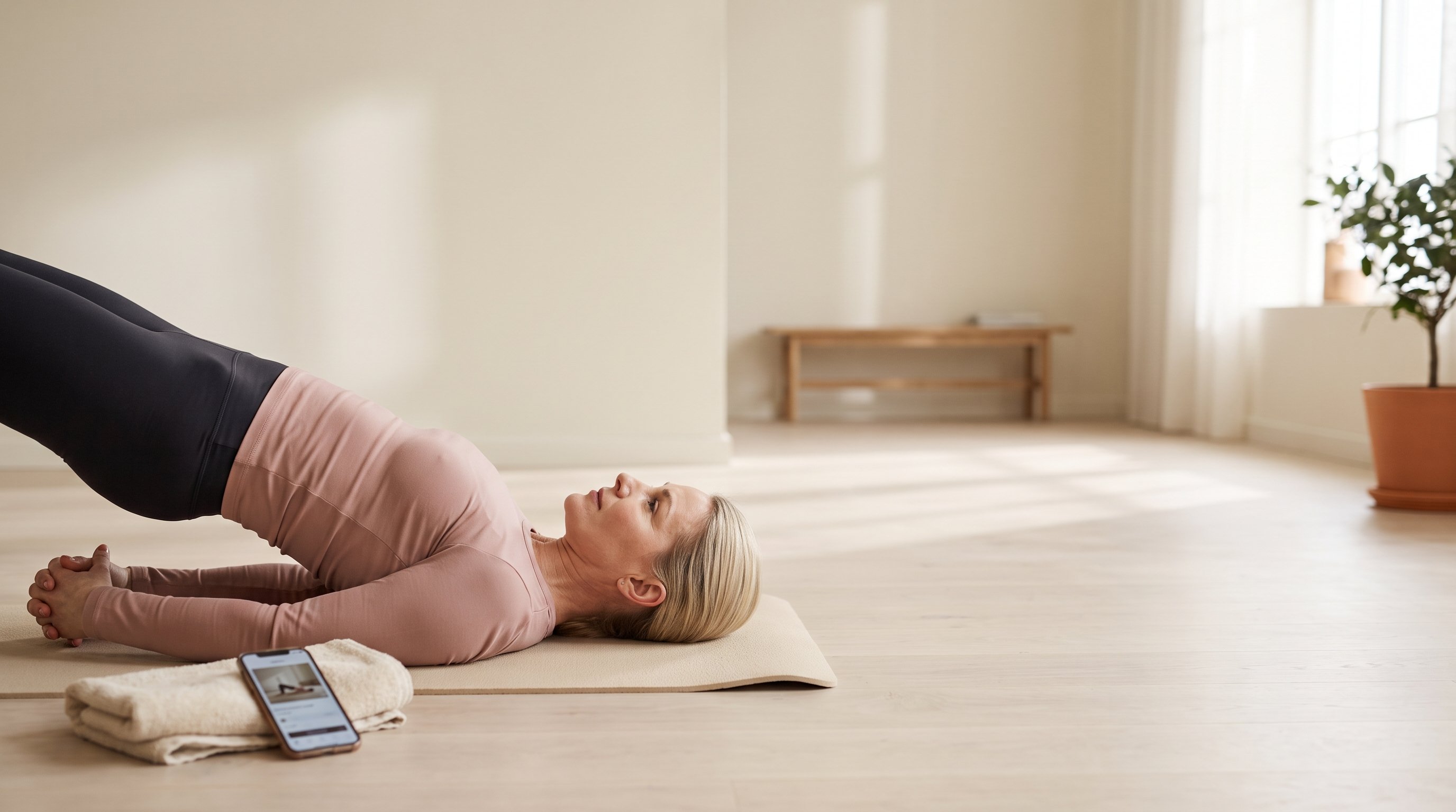 a woman in her 40s doing a gentle glute bridge on a yoga mat at home