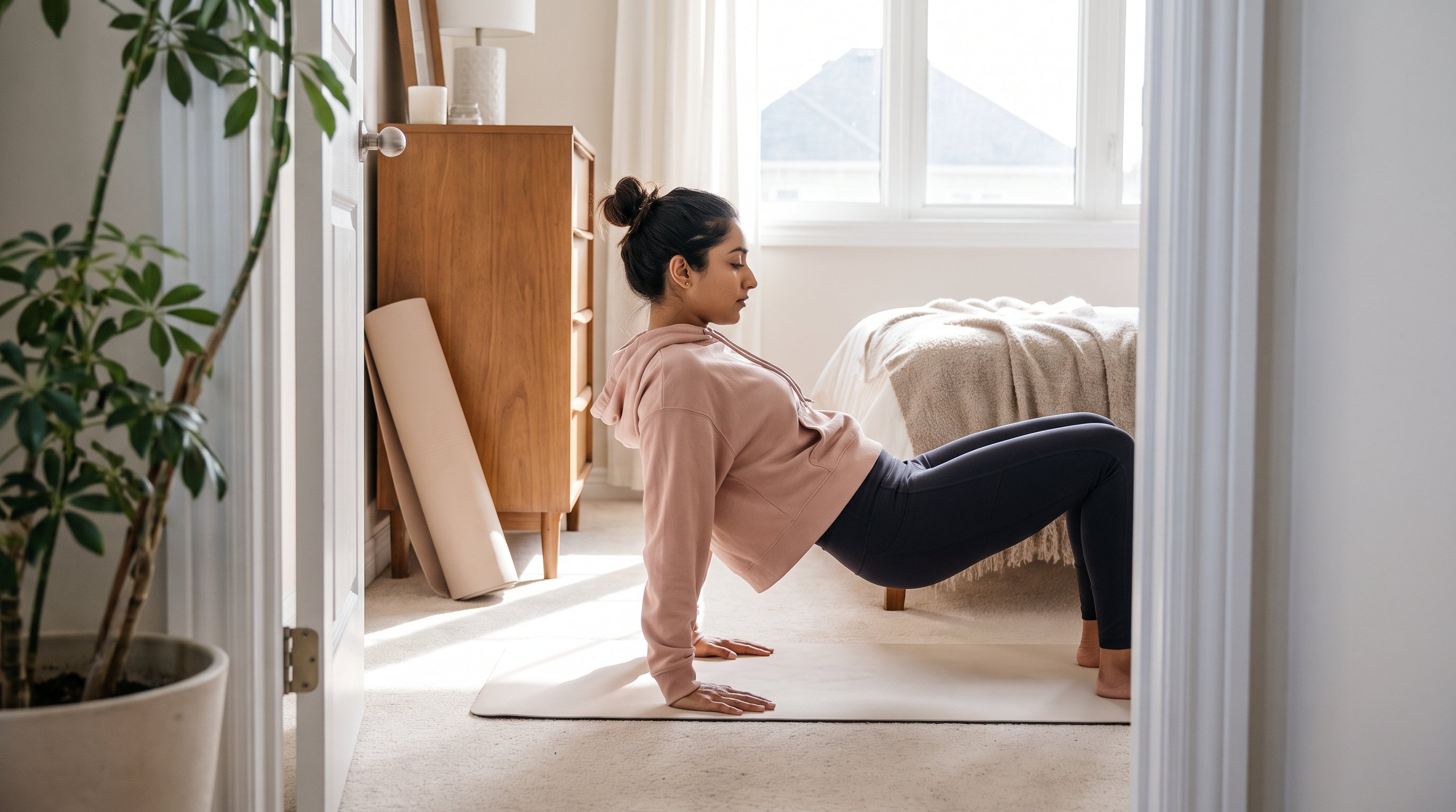 a woman in her 40s doing a gentle glute bridge on a yoga mat at home