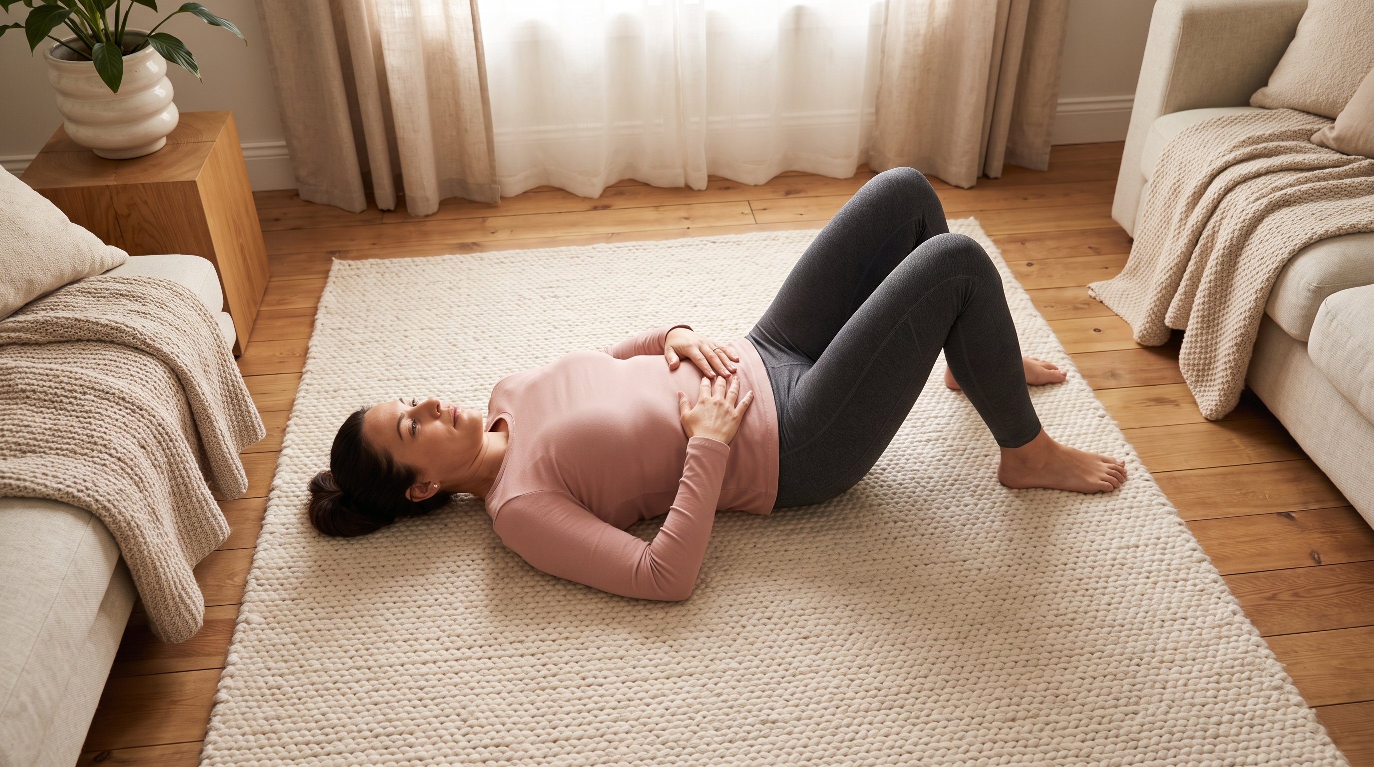 woman doing a quiet stretching routine on a bedroom floor