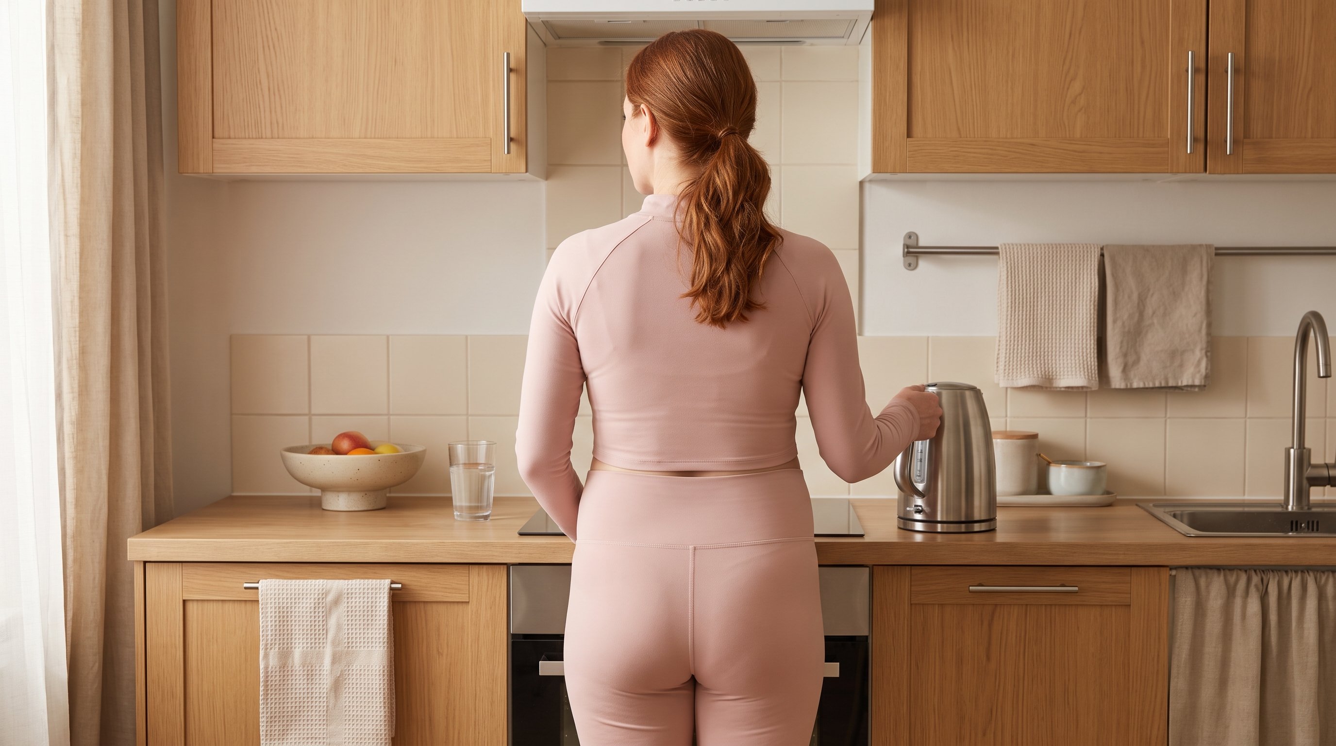 pregnant woman standing in kitchen holding kettle during short break