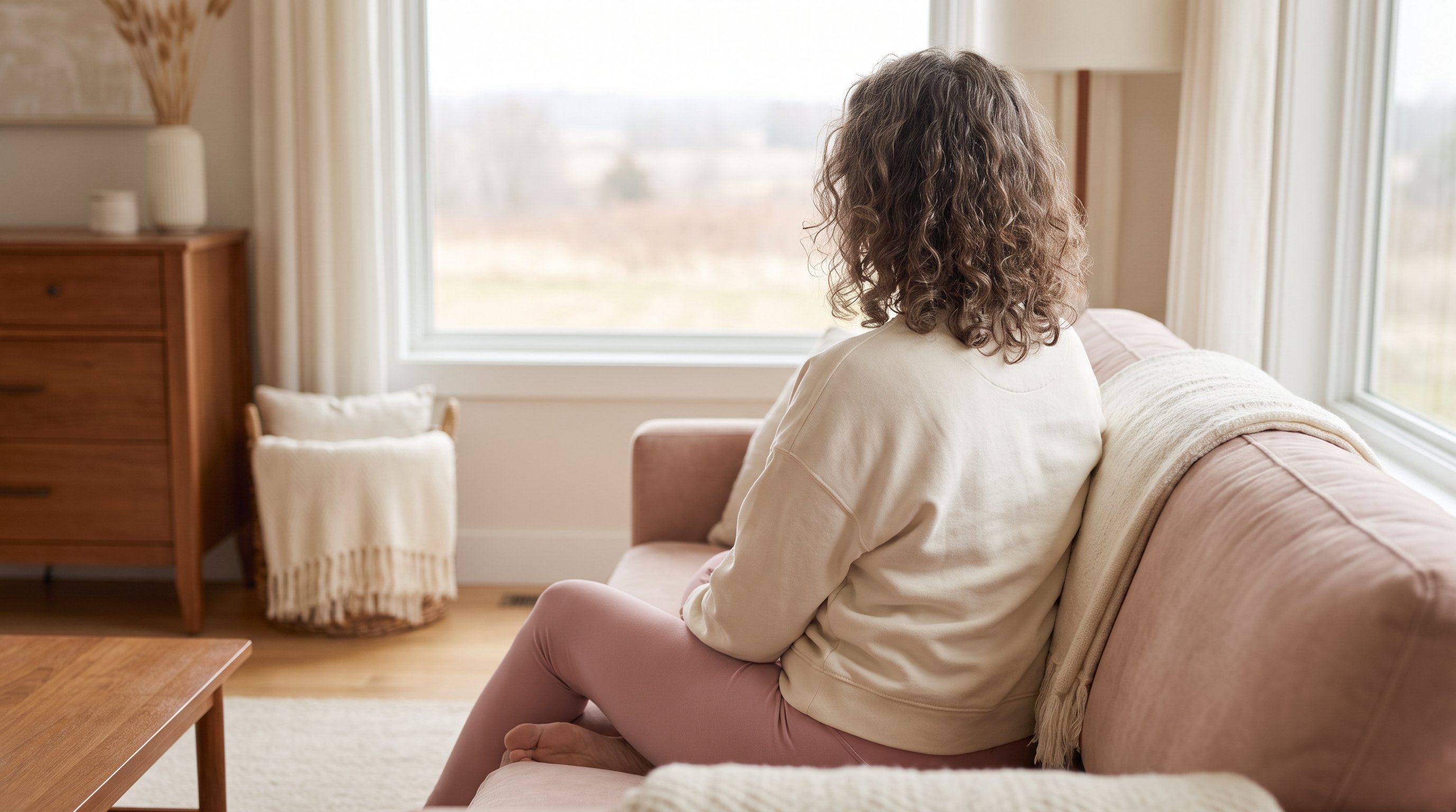 person sitting on sofa practising short pelvic floor exercise during a break