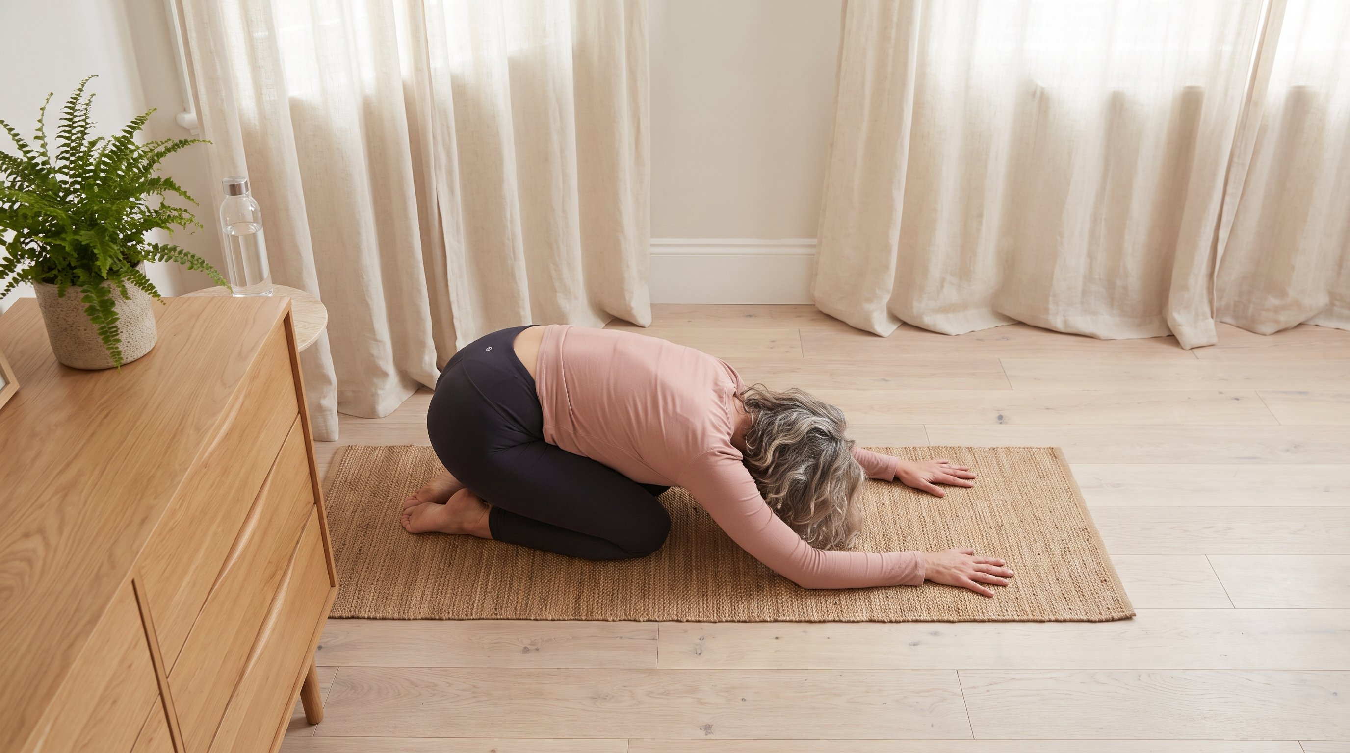 person in child's pose stretching on a yoga mat at home