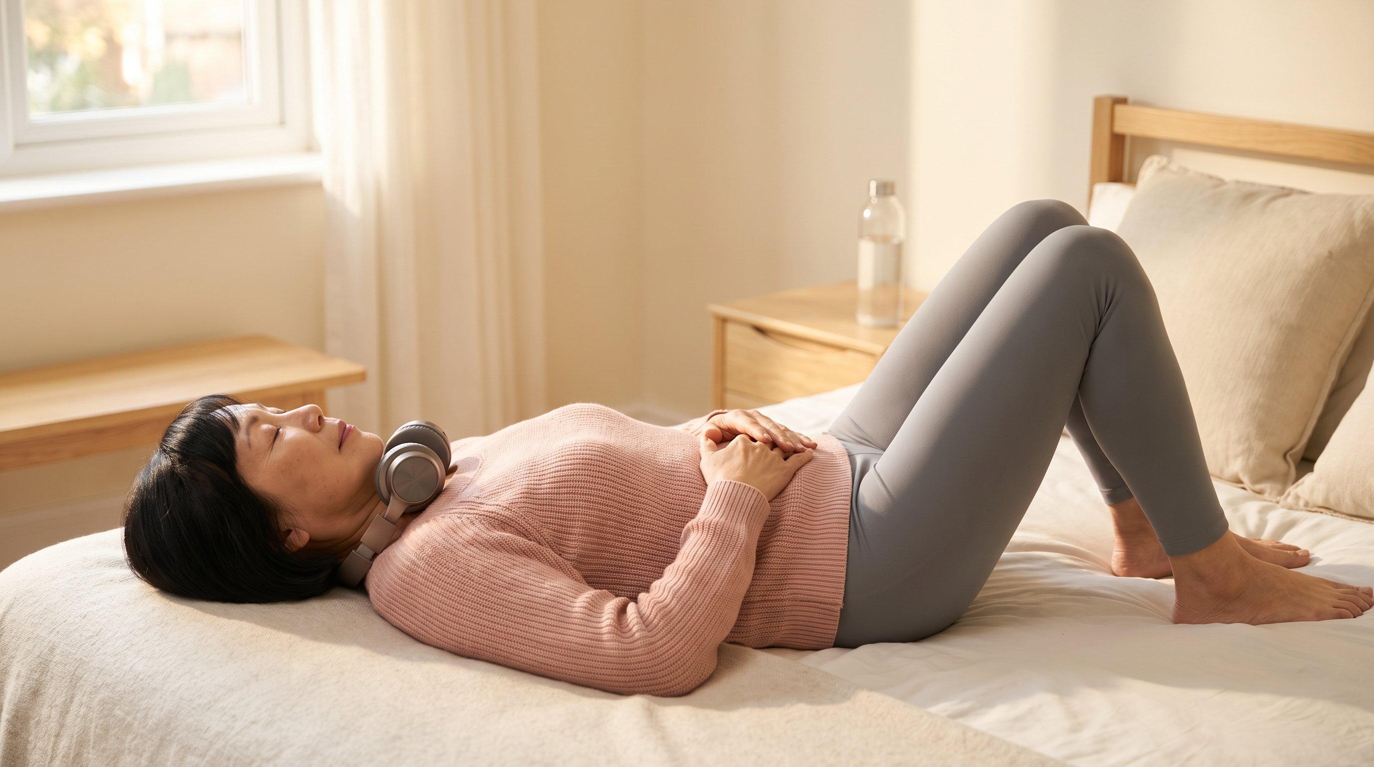person checking a phone timer while lying on a bed