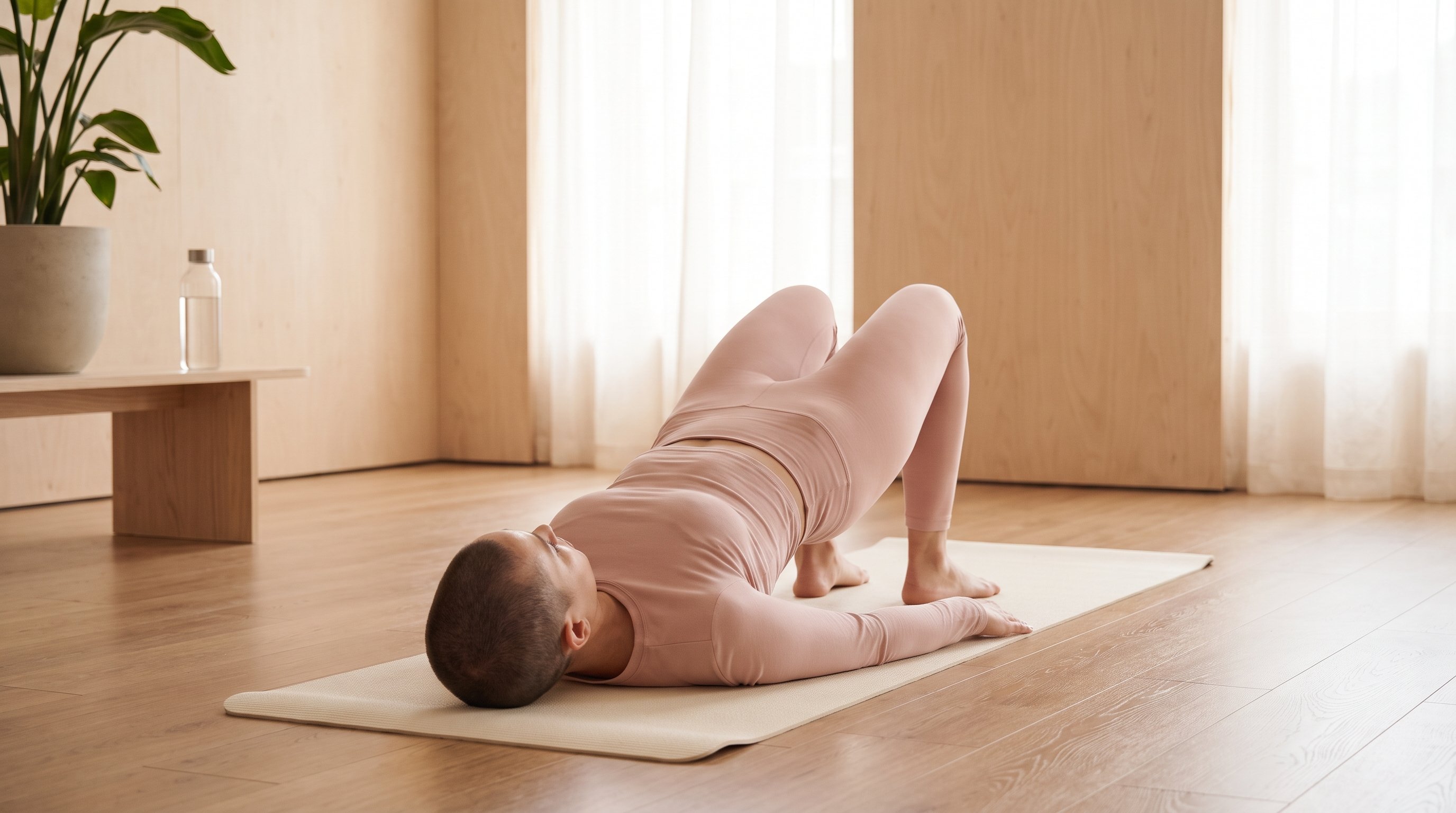 new mother doing gentle floor exercises on a living room mat