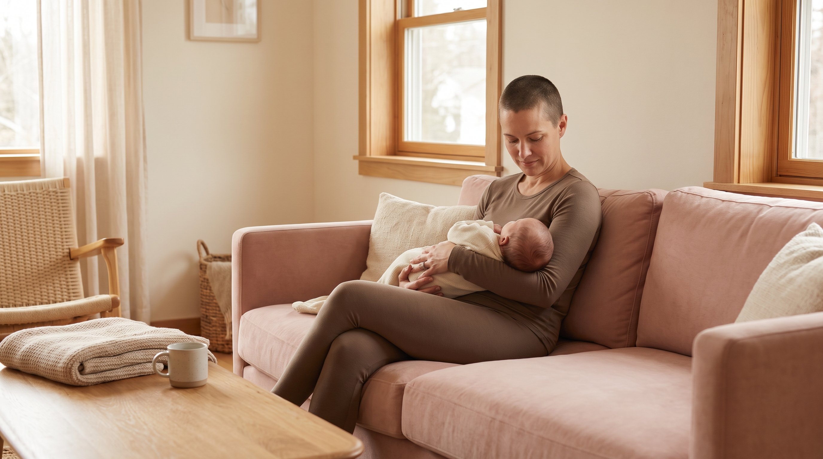 tired new parent sitting on sofa holding a sleeping baby