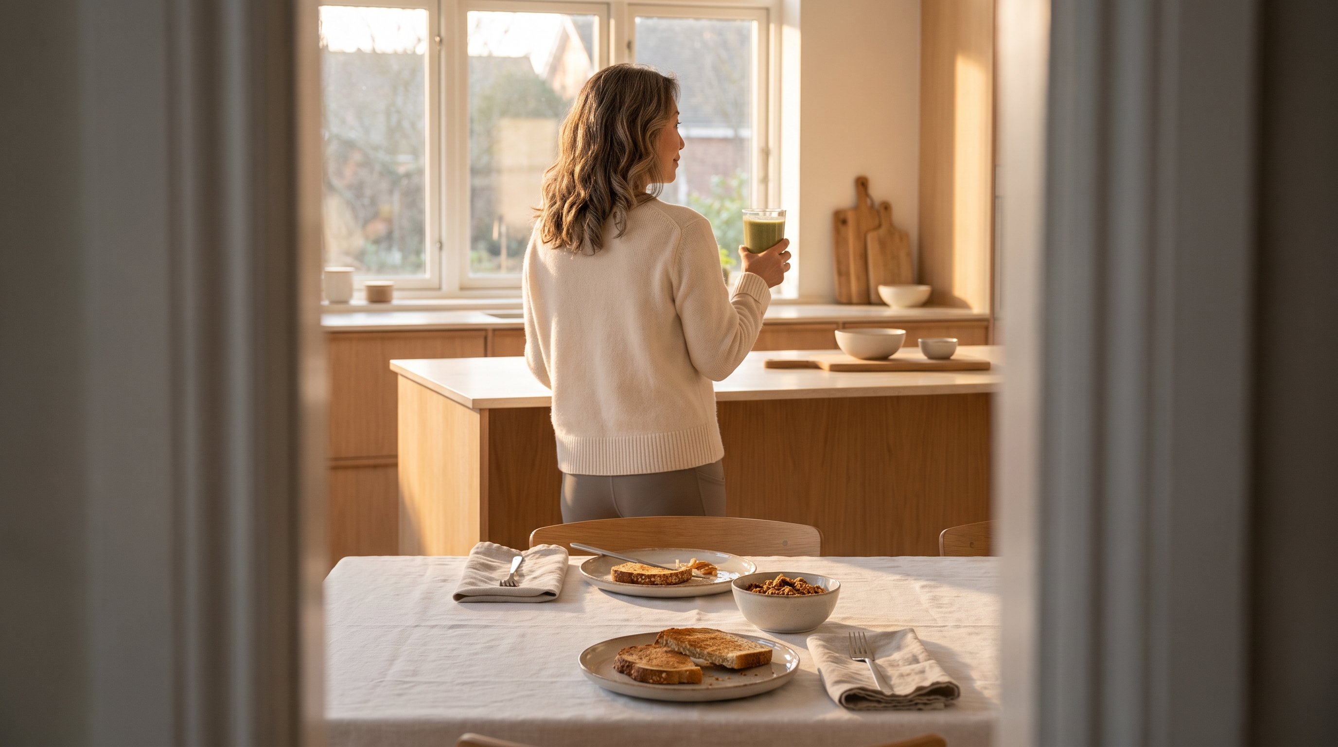 woman blending a protein shake in a kitchen