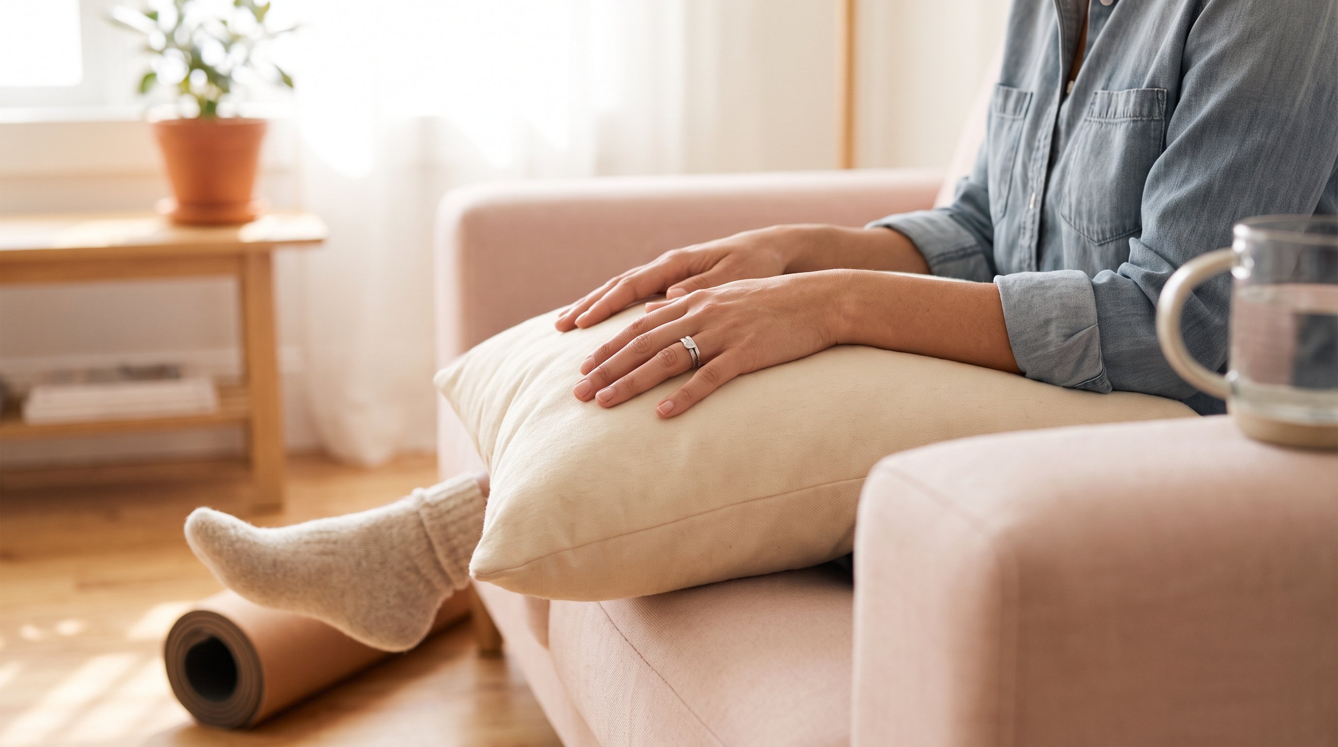 woman relaxing at home following a kegel exercise routine woman relaxing at home following a kegel exercise routine