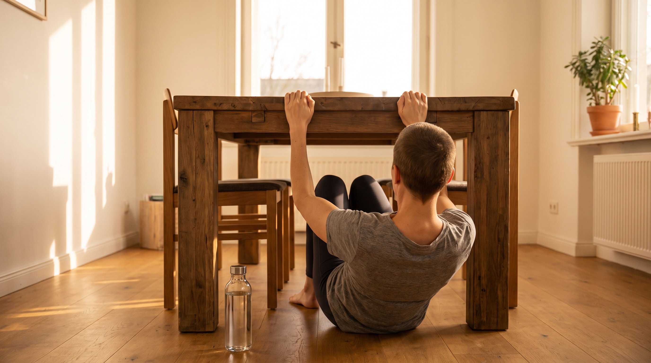 person doing inverted row using sturdy table edge at home