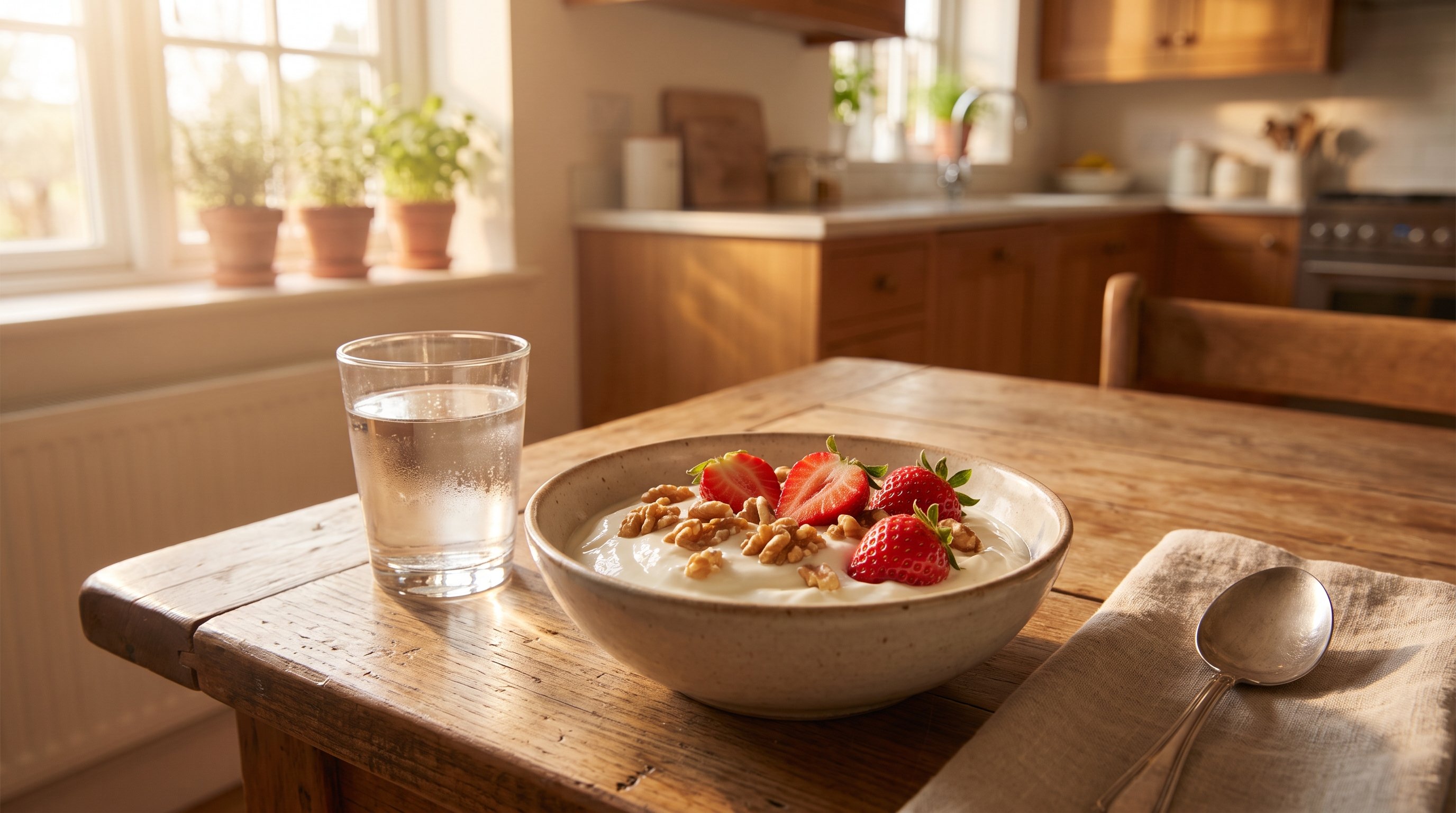 bowl of Greek yoghurt topped with walnuts and berries