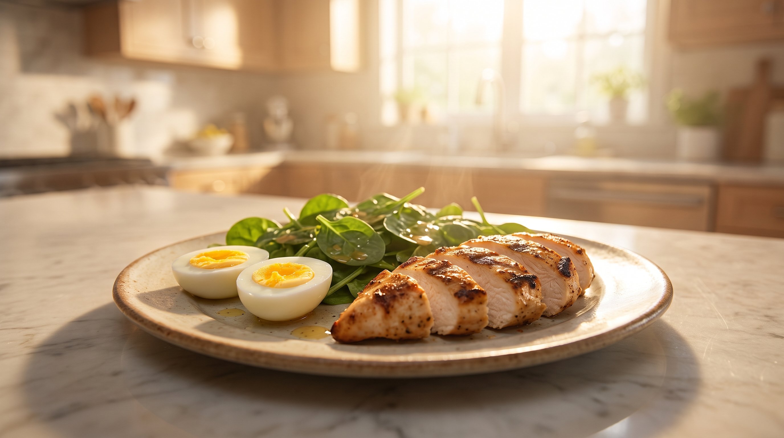 grilled chicken breast and eggs on a plate