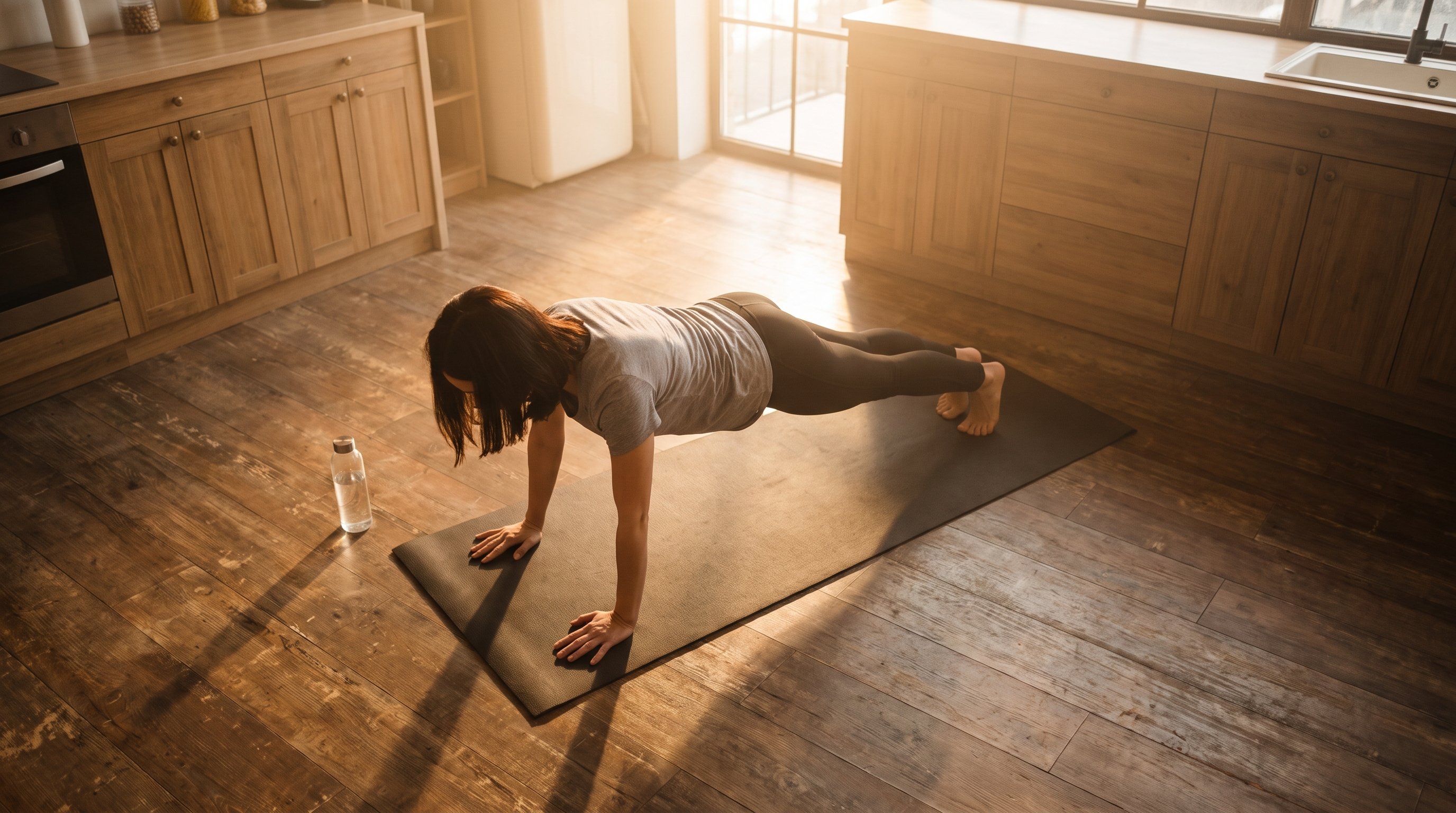 beginner doing a plank on a yoga mat at home
