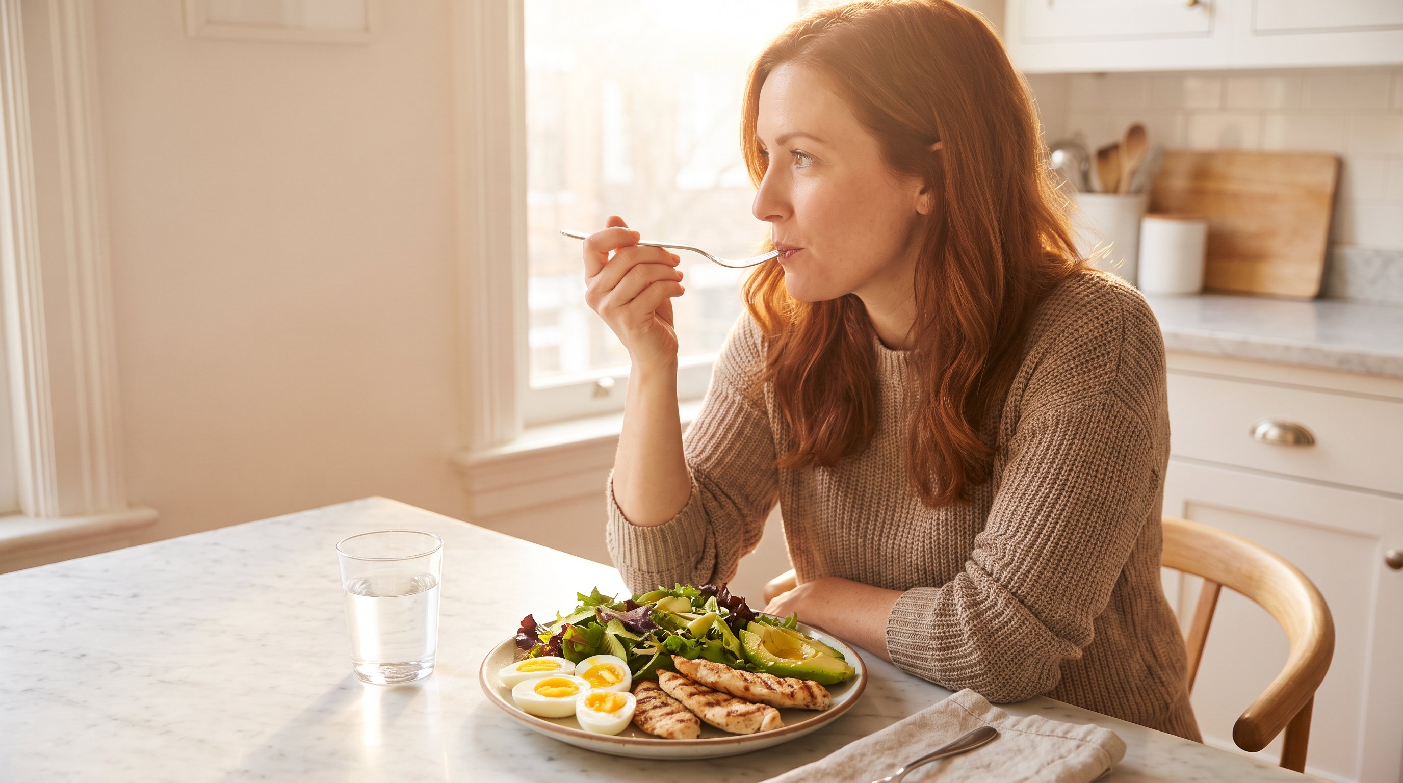A woman in her 30s eating a keto plate of chicken, eggs and salad at a marble table A woman in her 30s eating a keto plate of chicken, eggs and salad at a marble table