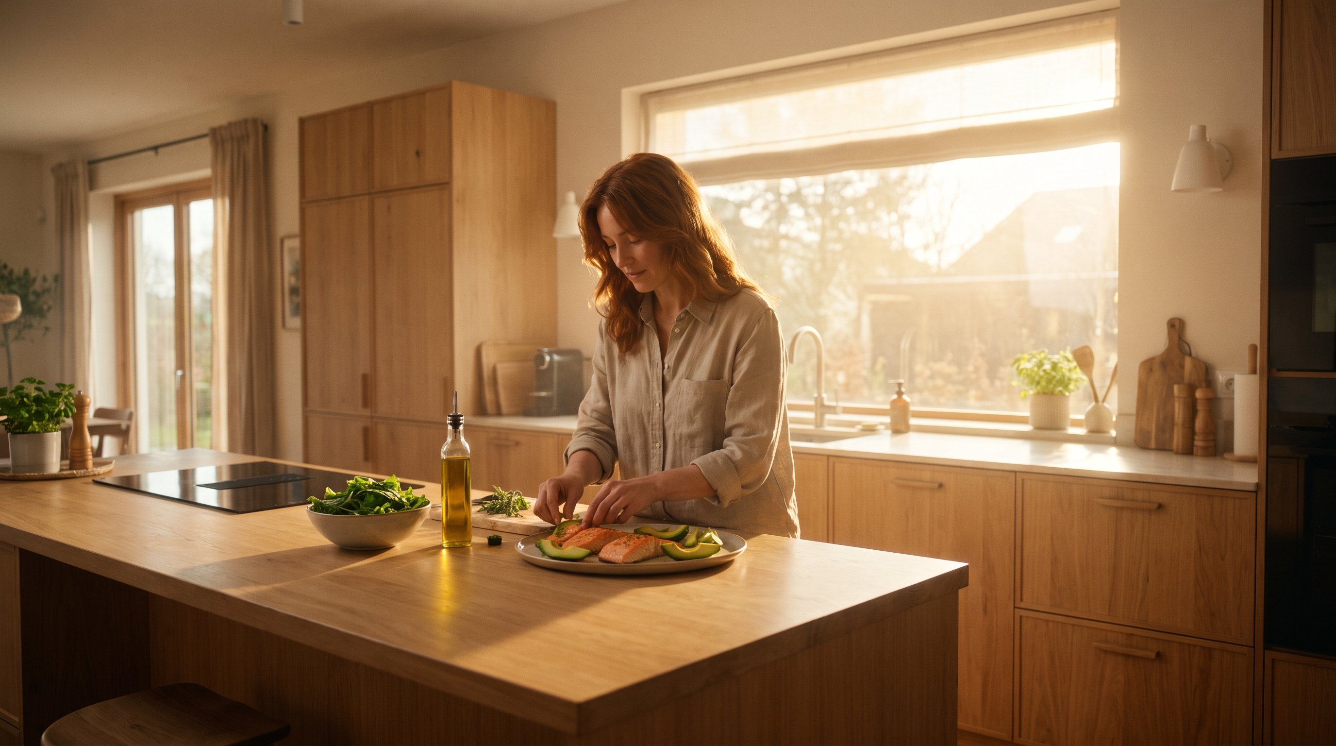 A woman in her 30s preparing a salmon and avocado plate in a bright kitchen