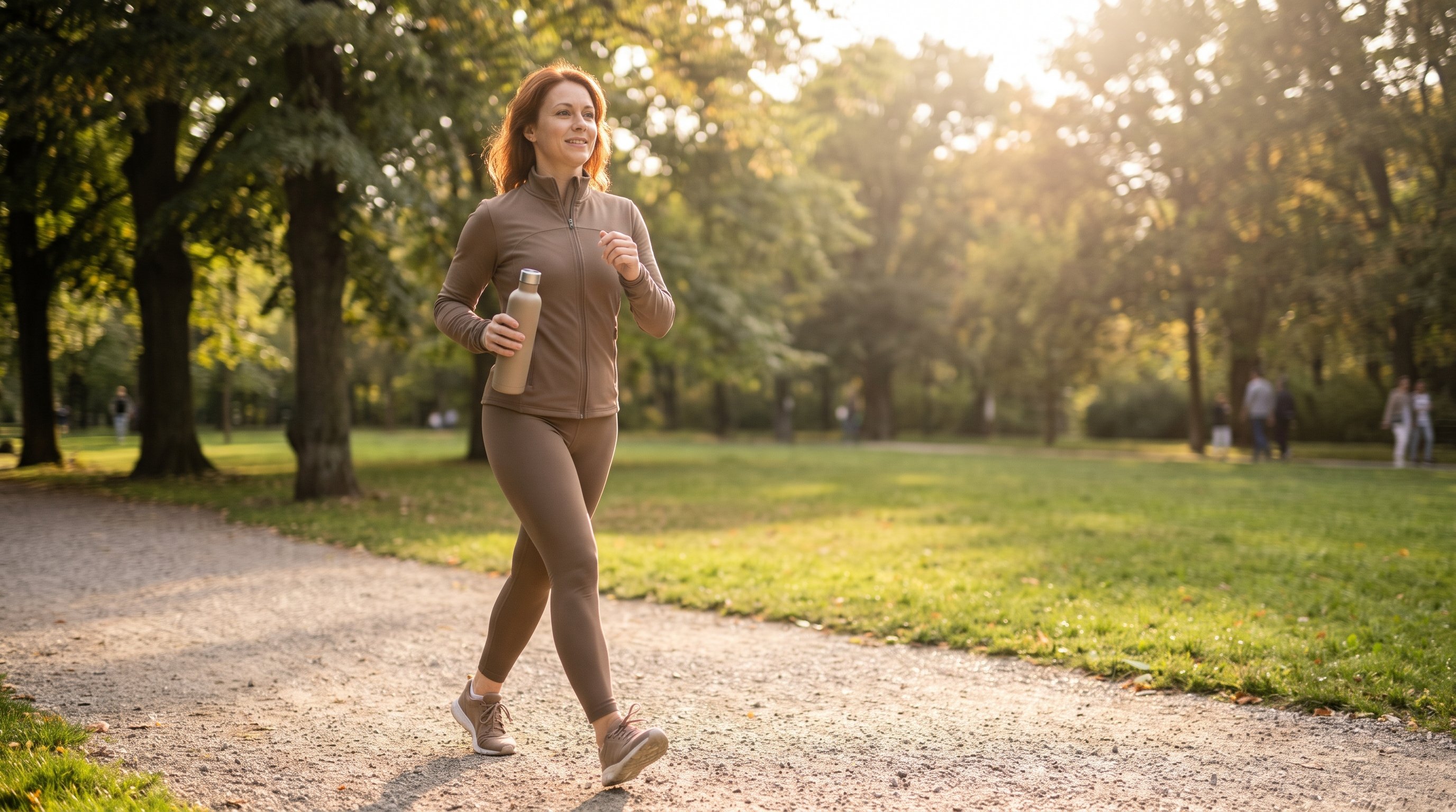 A woman in her 30s walking outdoors on a sunny neighbourhood path