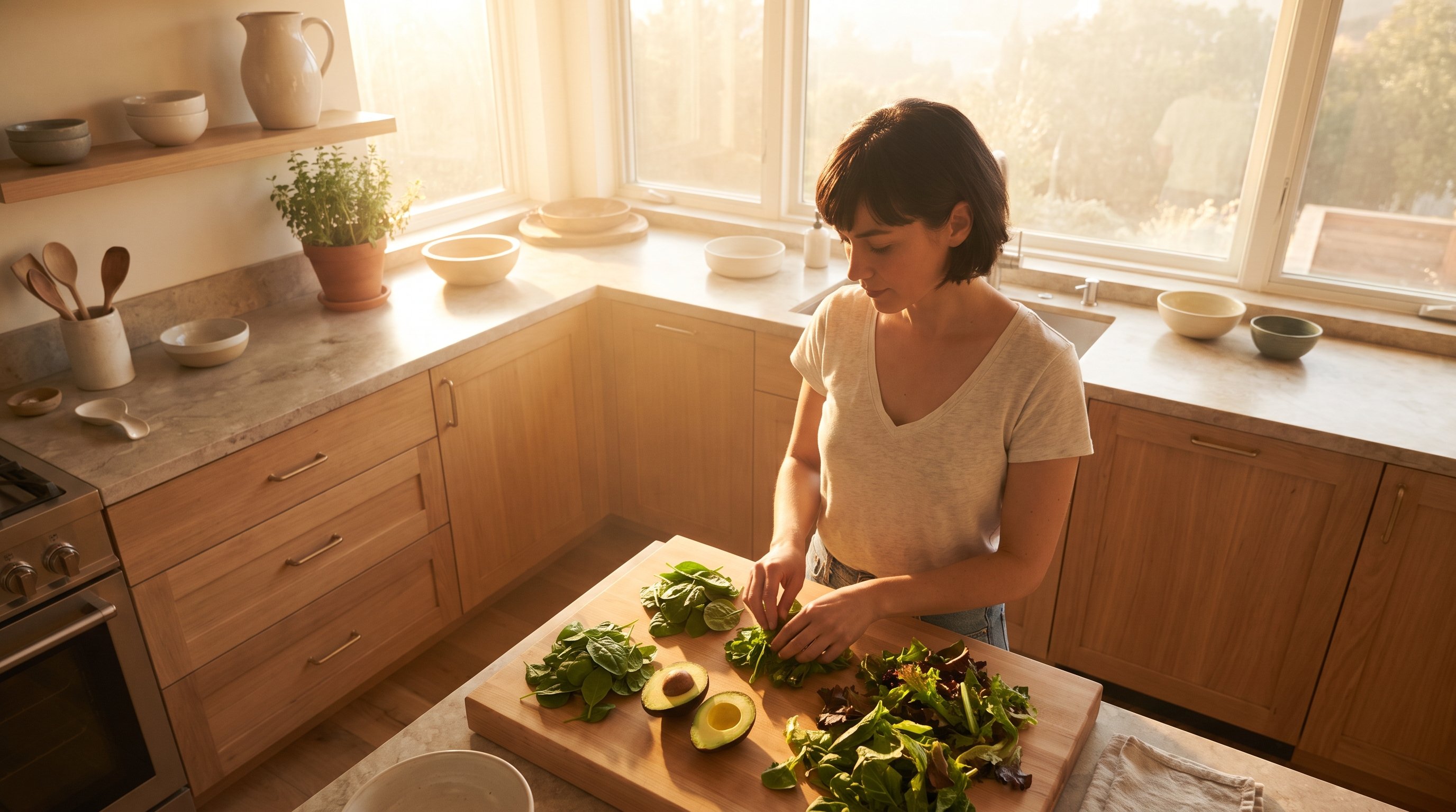 avocado and leafy greens arranged on a wooden kitchen counter