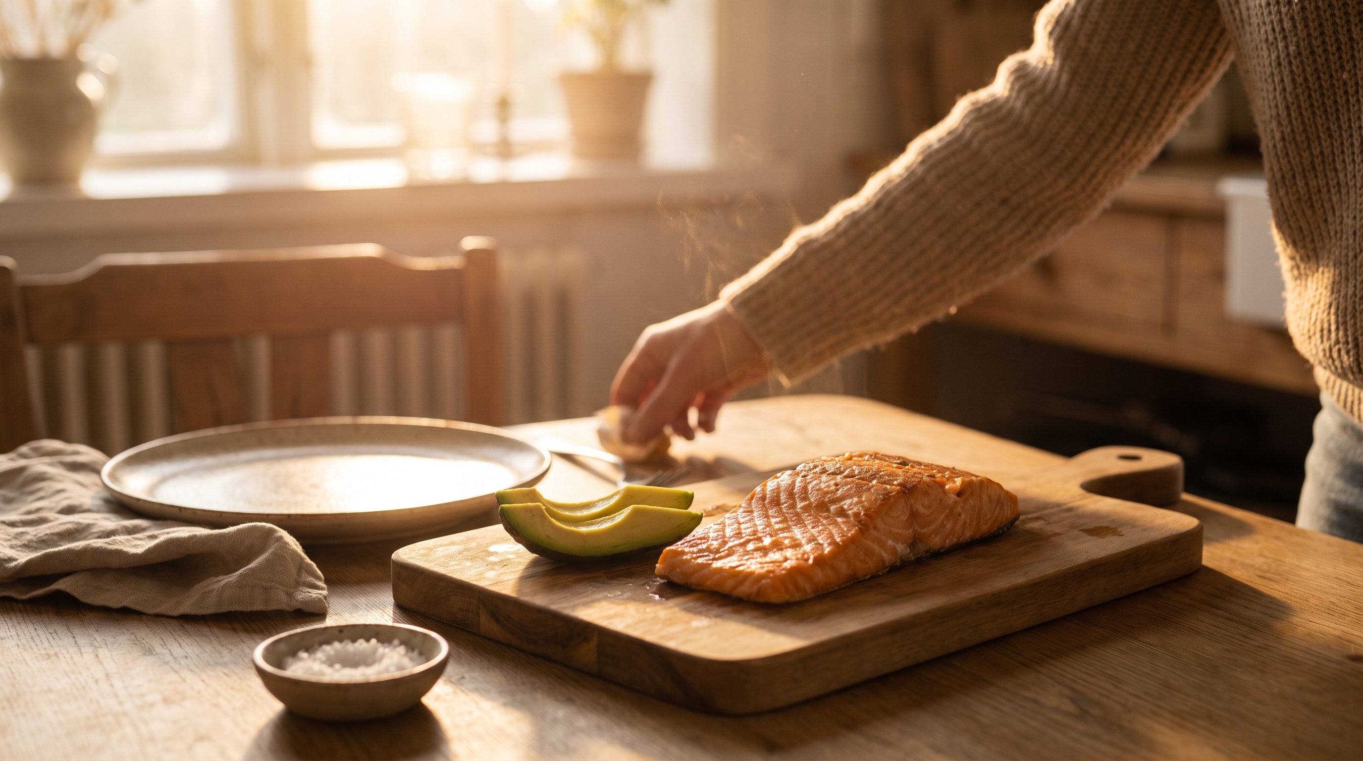 sliced avocado and salmon fillet on a cutting board