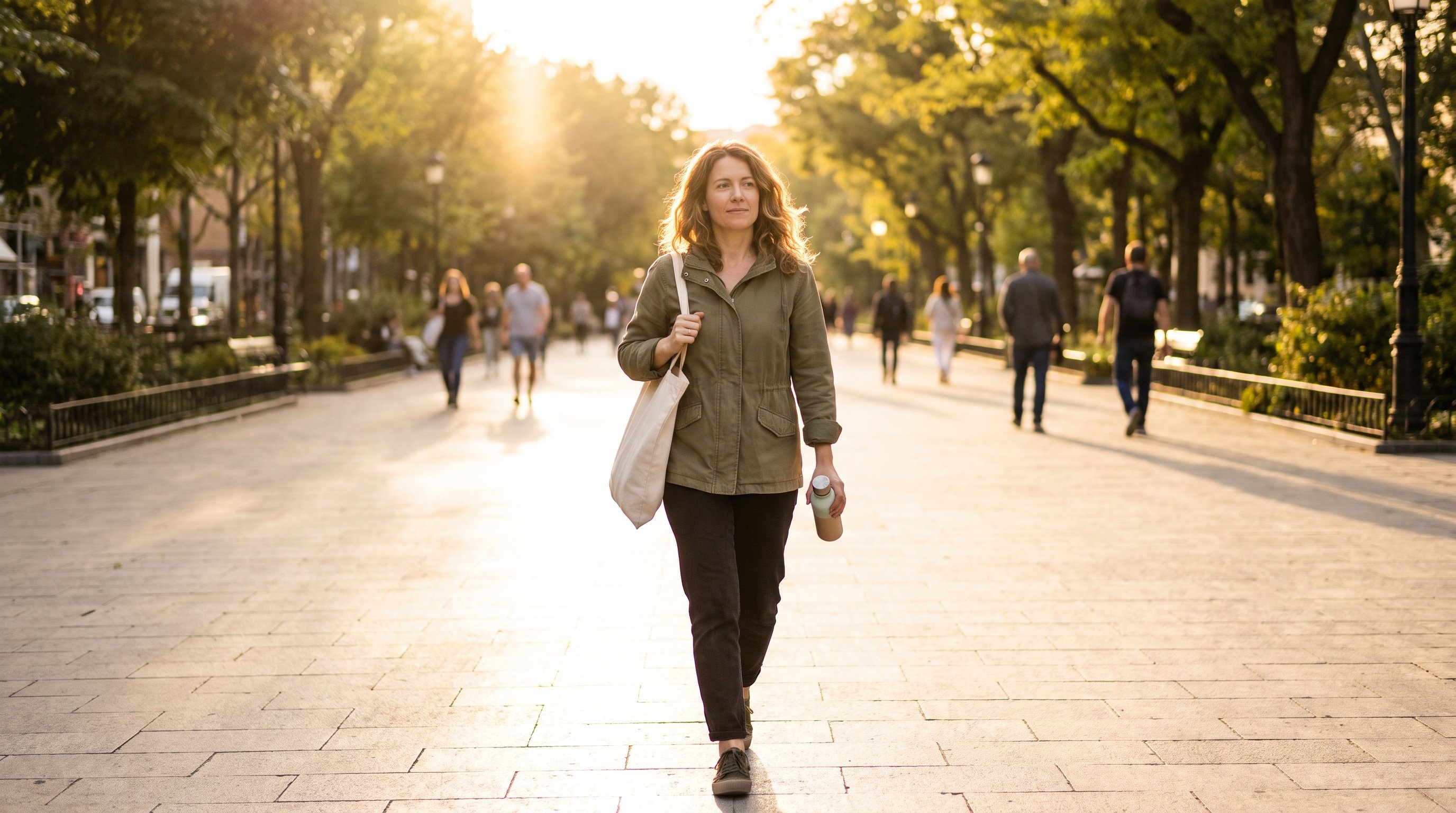 commuter walking down an urban street carrying a bag