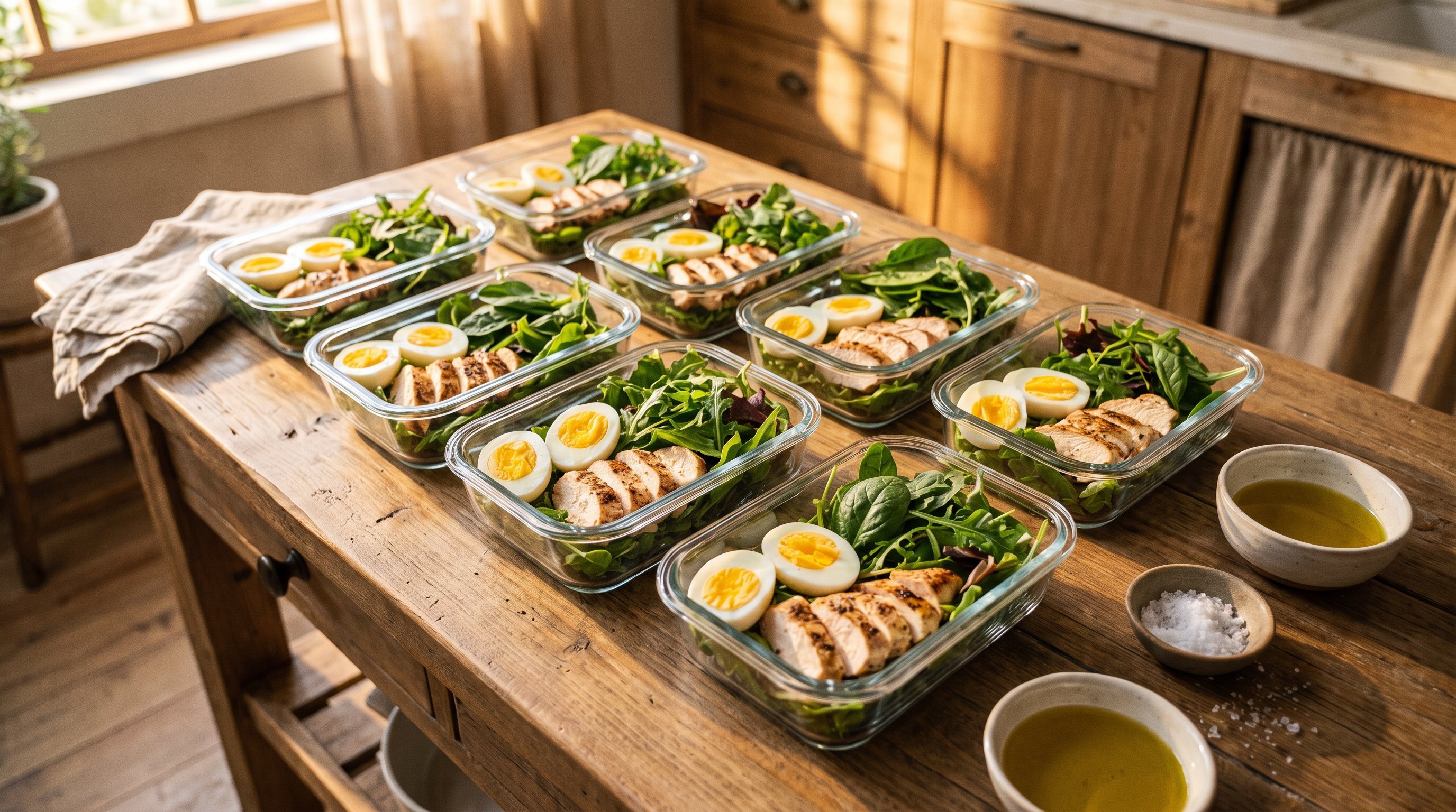 person packing cooked chicken and vegetables into glass containers