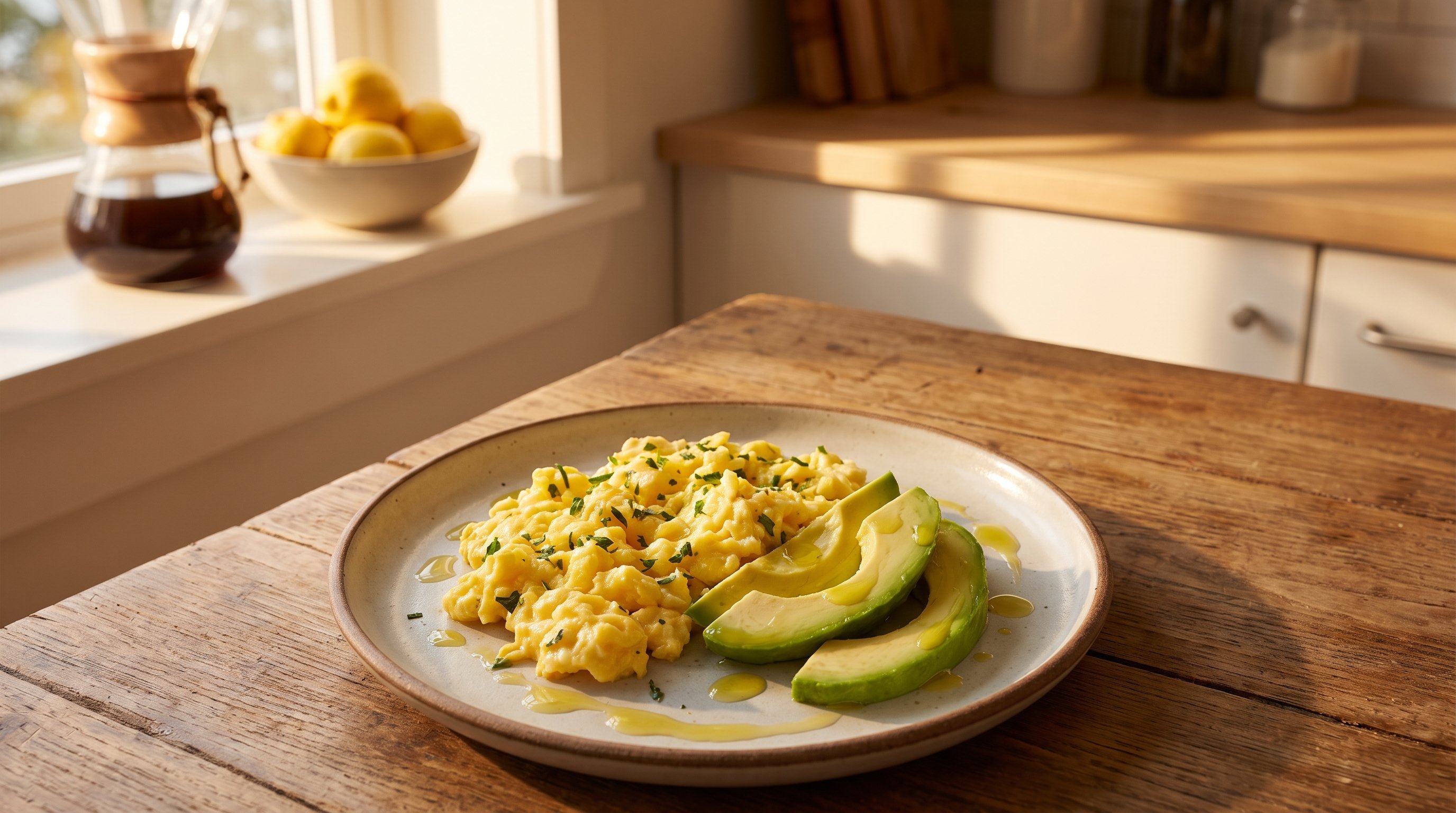 eggs and avocado plated on a wooden breakfast table