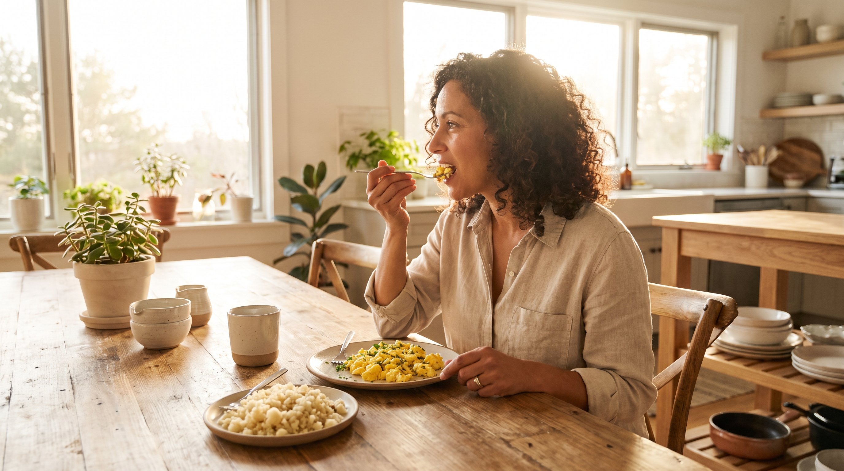 Hands slicing cauliflower into rice-sized pieces on a cutting board