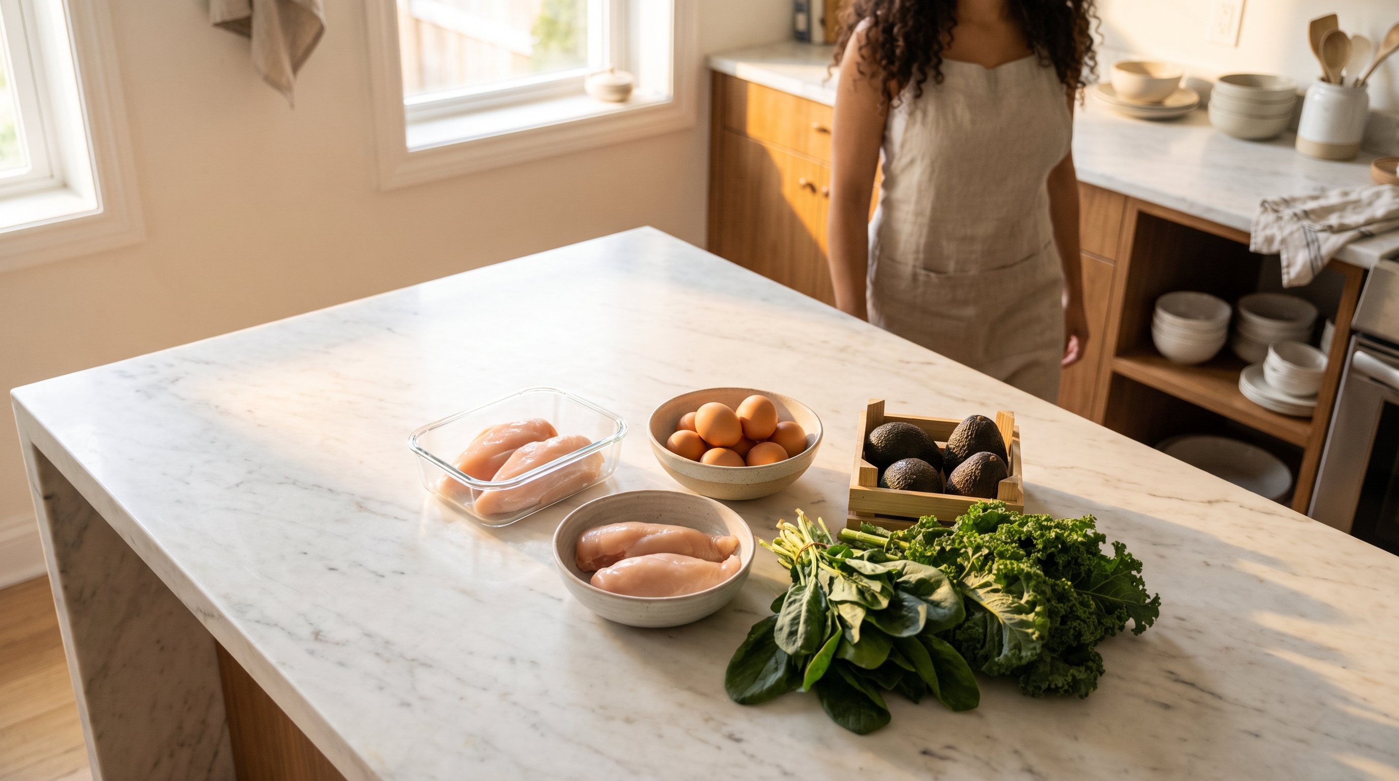 Low-carb groceries arranged on a kitchen counter