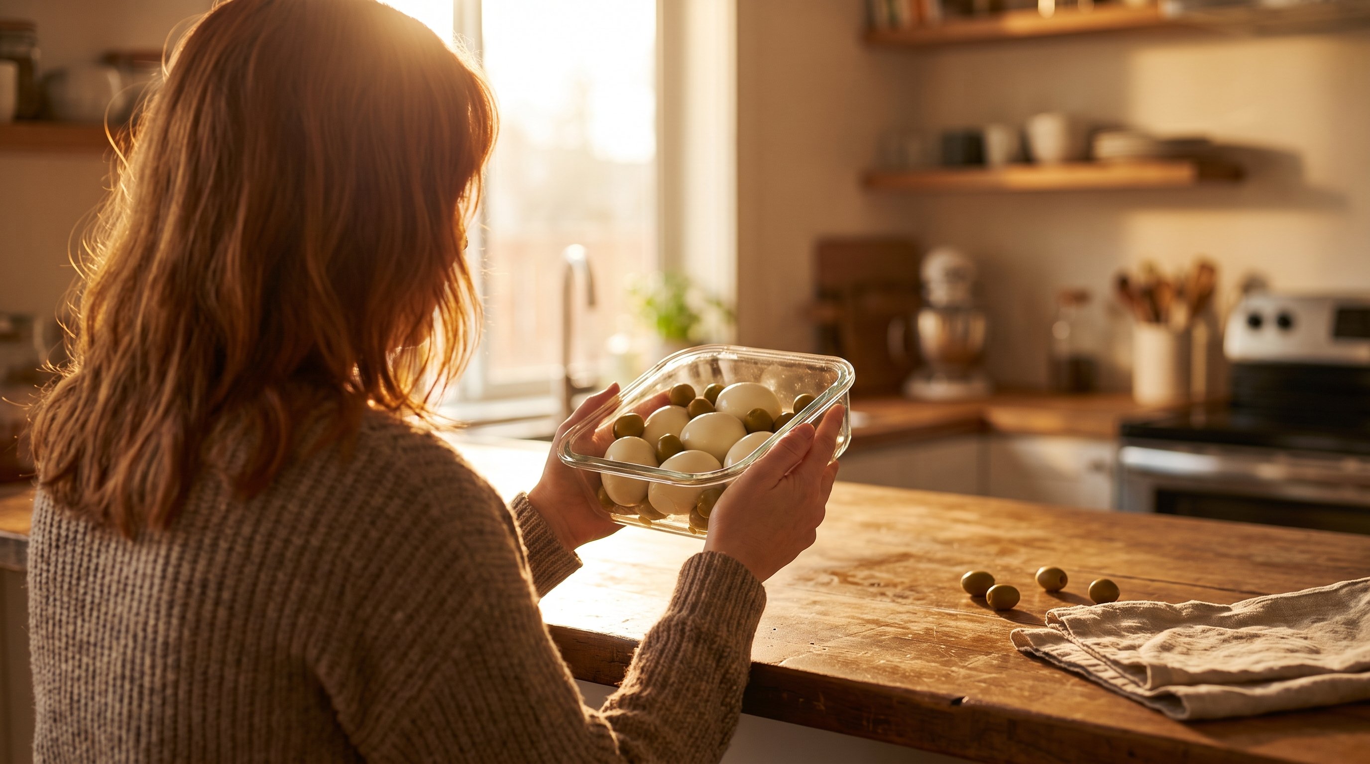 hand holding boiled egg and olives on small plate