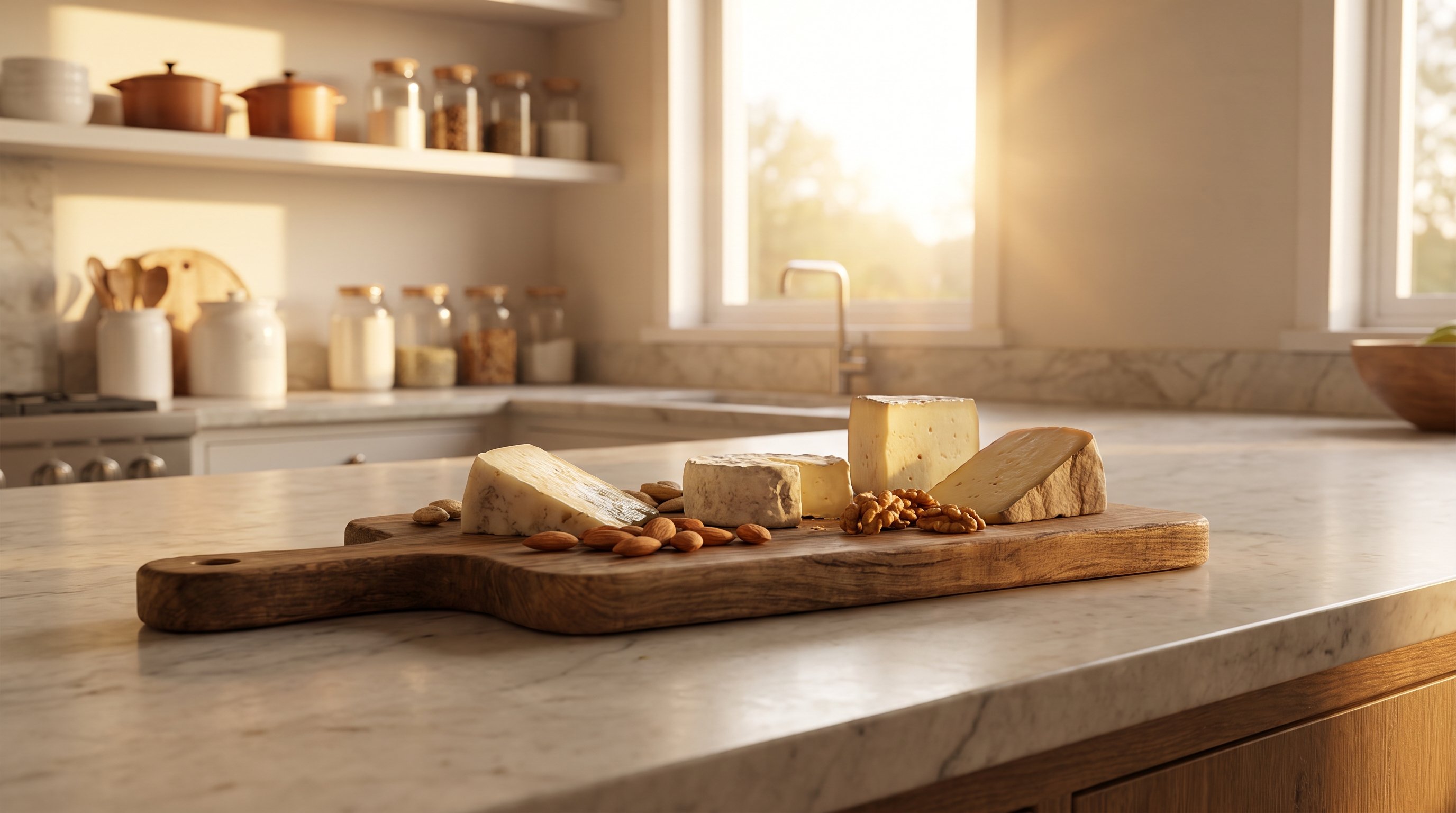 cheese and nut snack board on kitchen counter