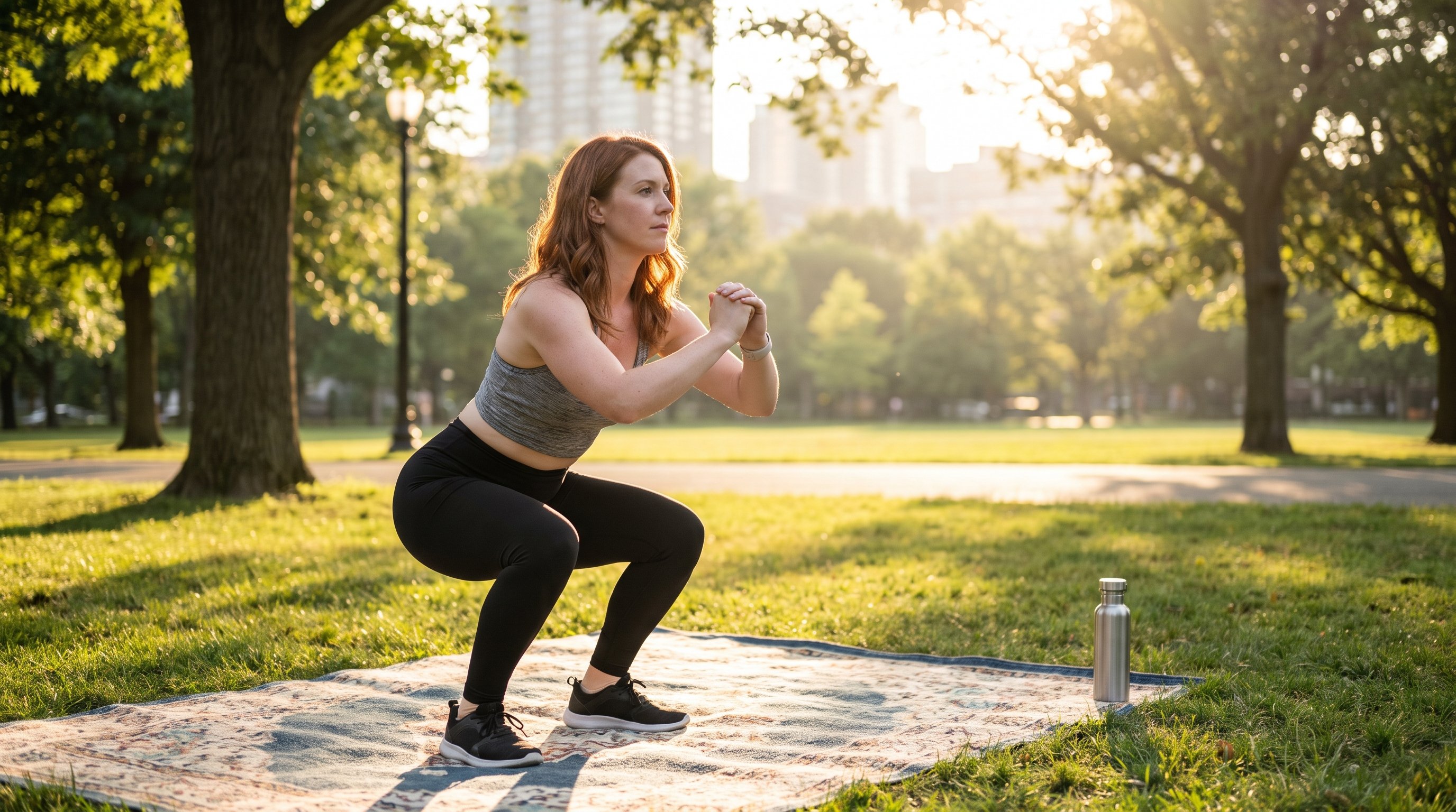 person doing bodyweight squats on a living room rug person doing bodyweight squats on a living room rug