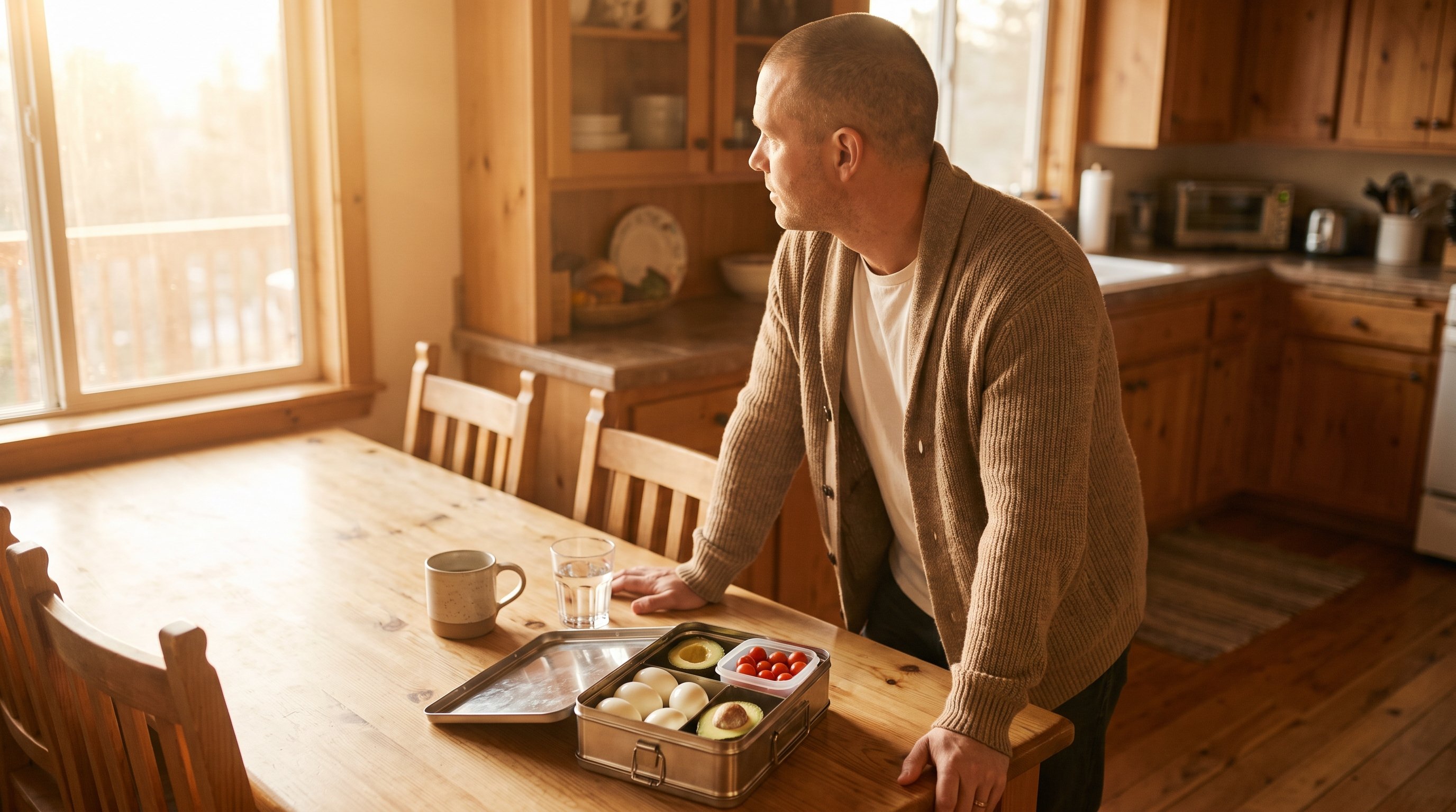 person packing boiled eggs and vegetables into a lunchbox in a kitchen