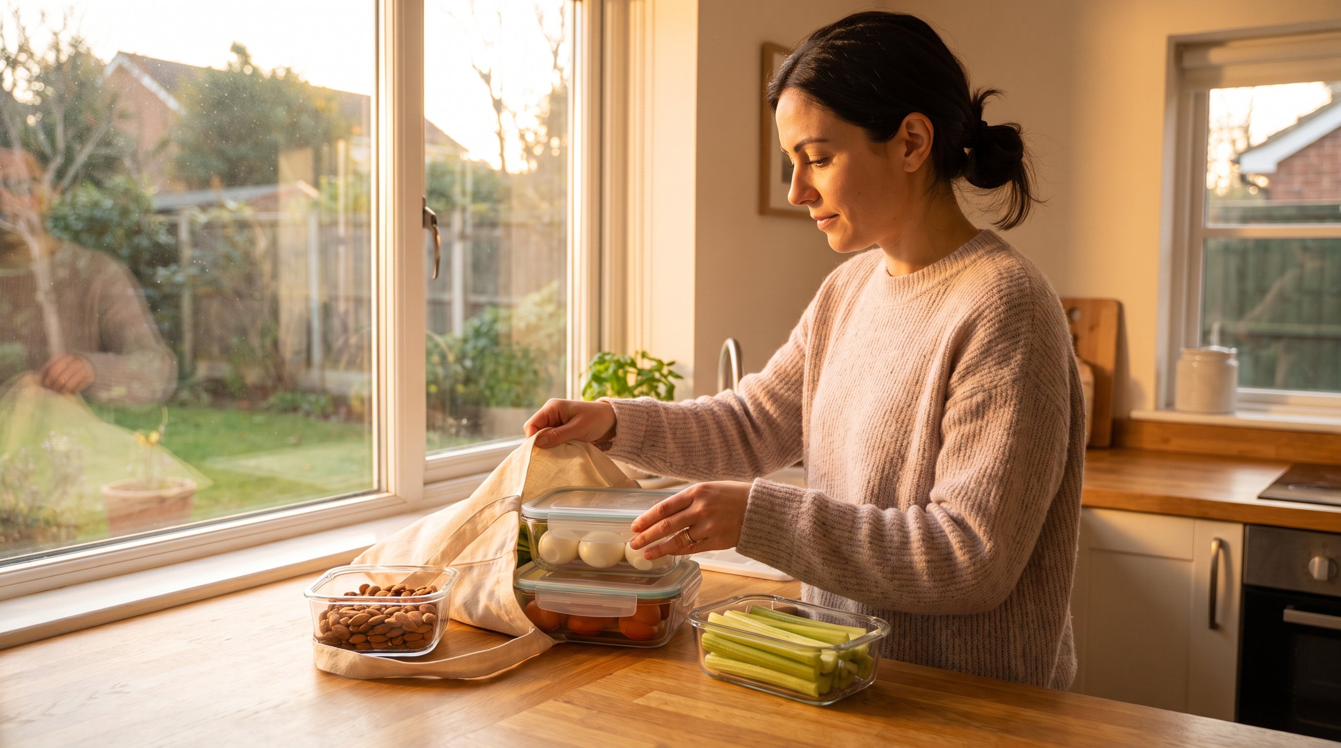 woman packing boiled eggs and cheese into a lunch bag