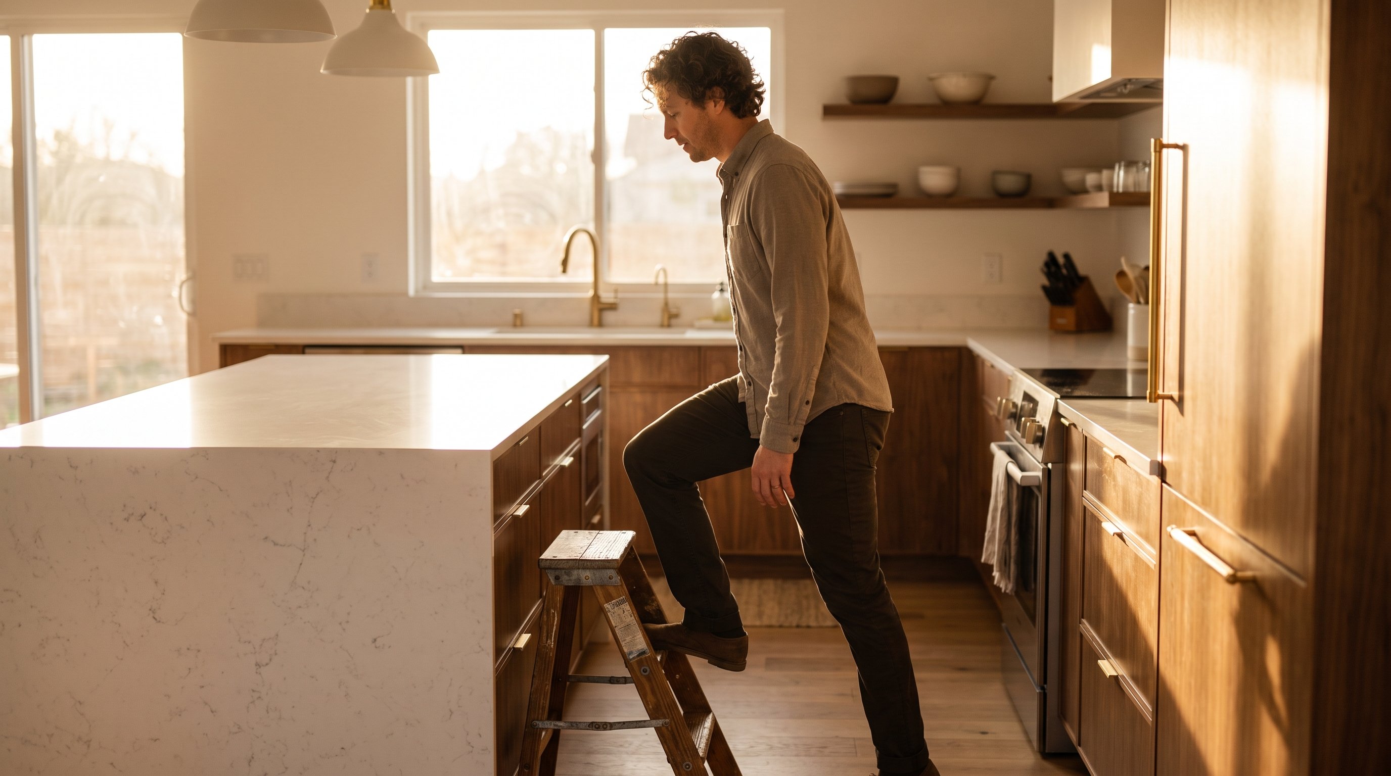 Man doing a slow step-up onto a low bench in a living room
