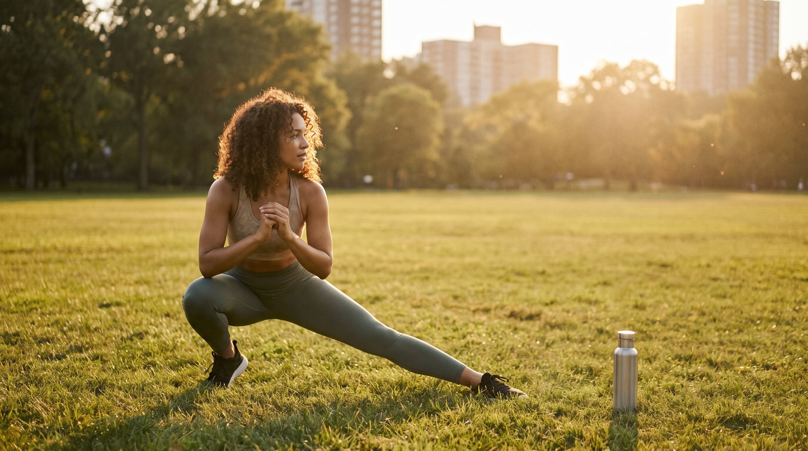Woman doing a standing side lunge on a yoga mat at home