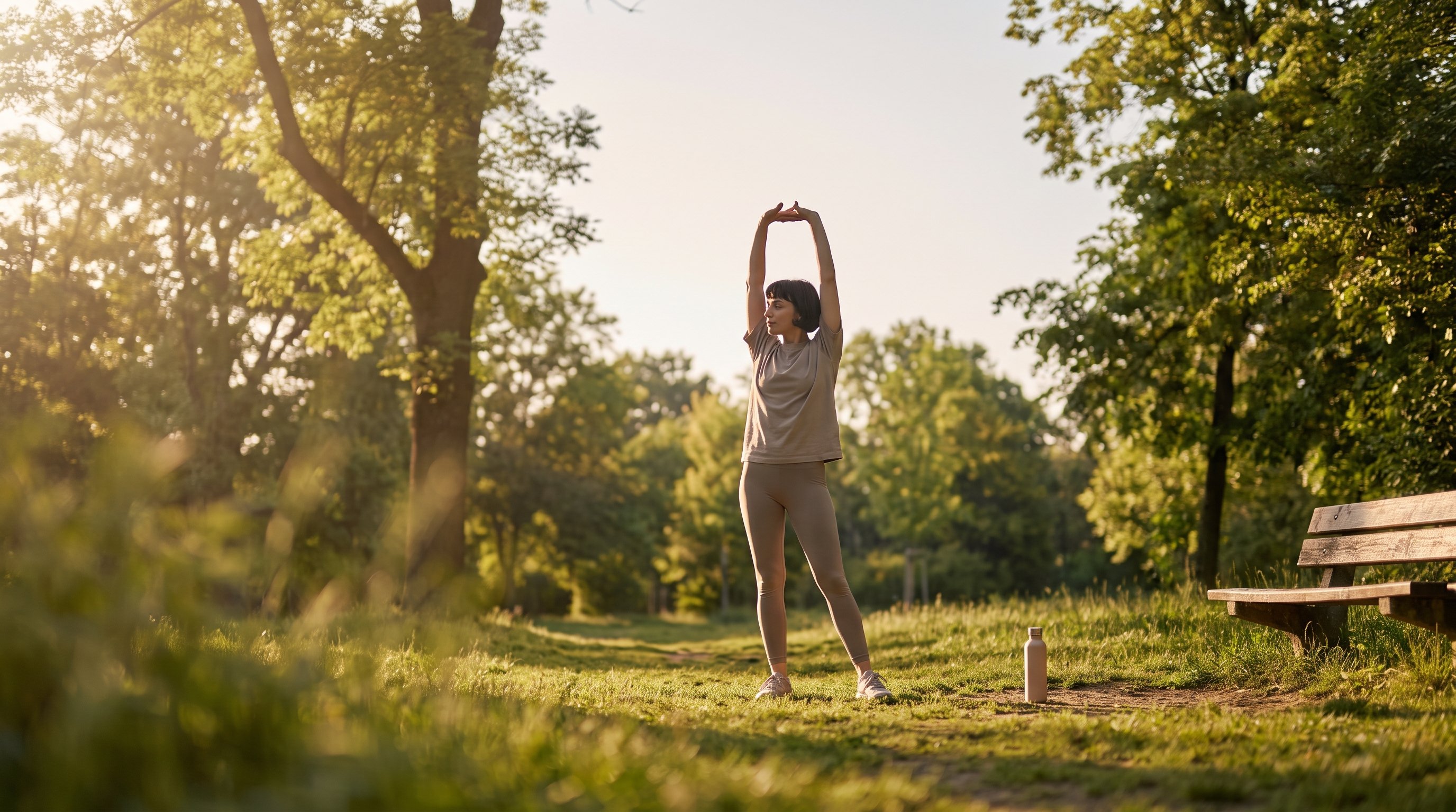 person stretching arms overhead beside an open window person stretching arms overhead beside an open window