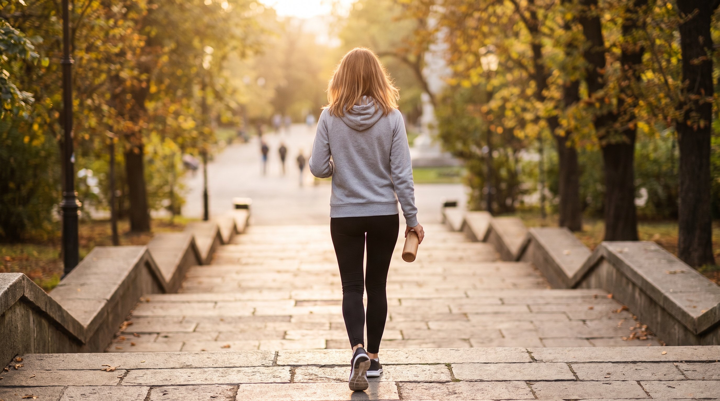 woman walking down city steps during lunch break