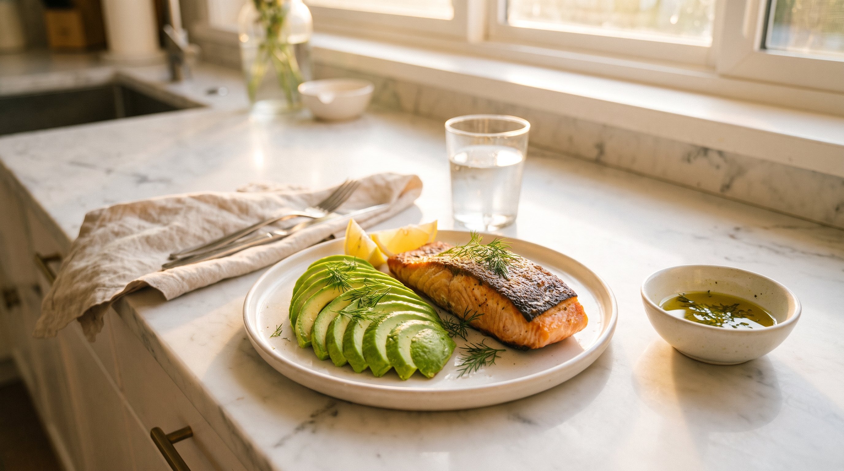 A salmon and avocado plate on a marble table