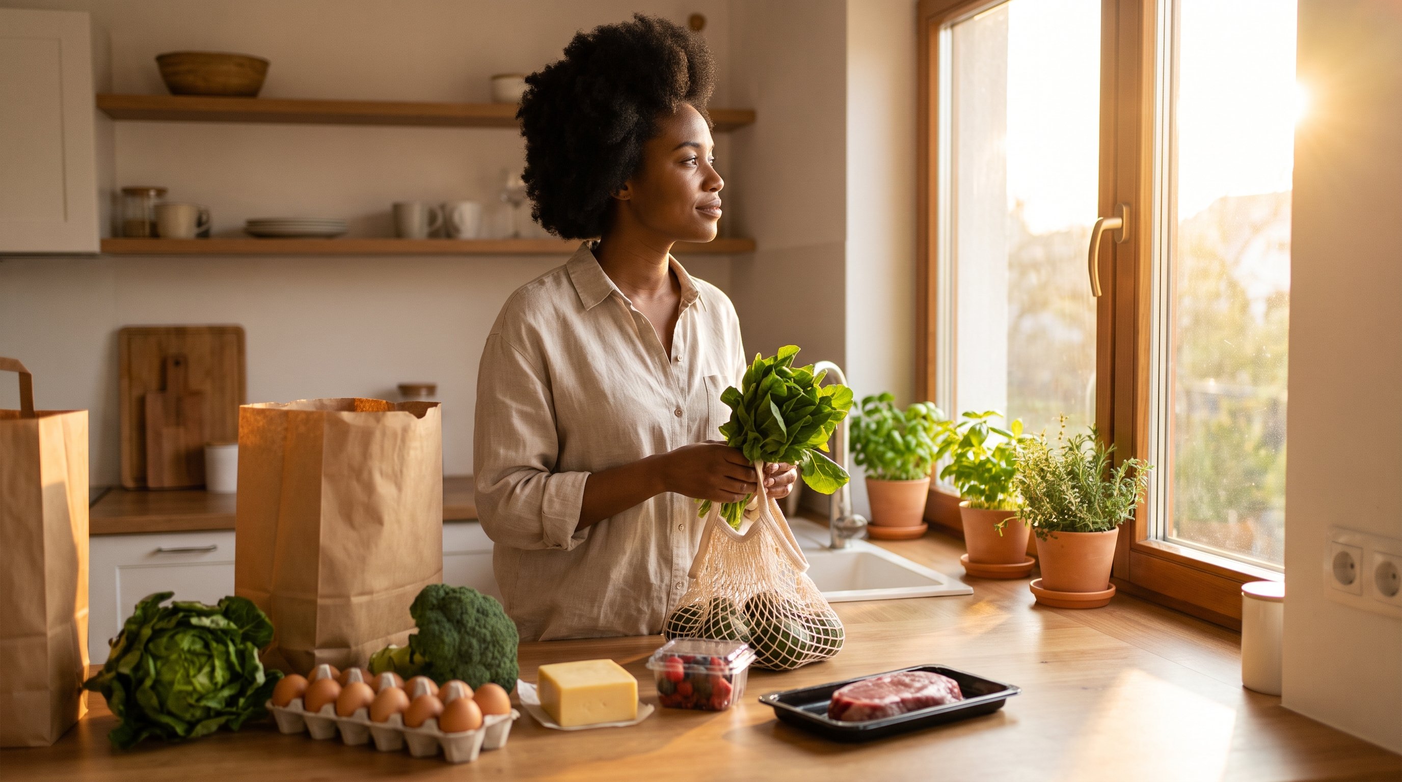 A woman in her 30s unpacking fresh groceries in a bright kitchen