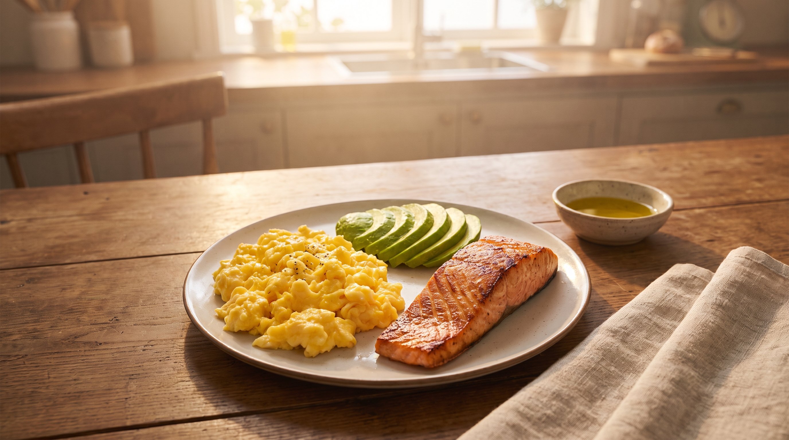 plate of eggs avocado and salmon on wooden table