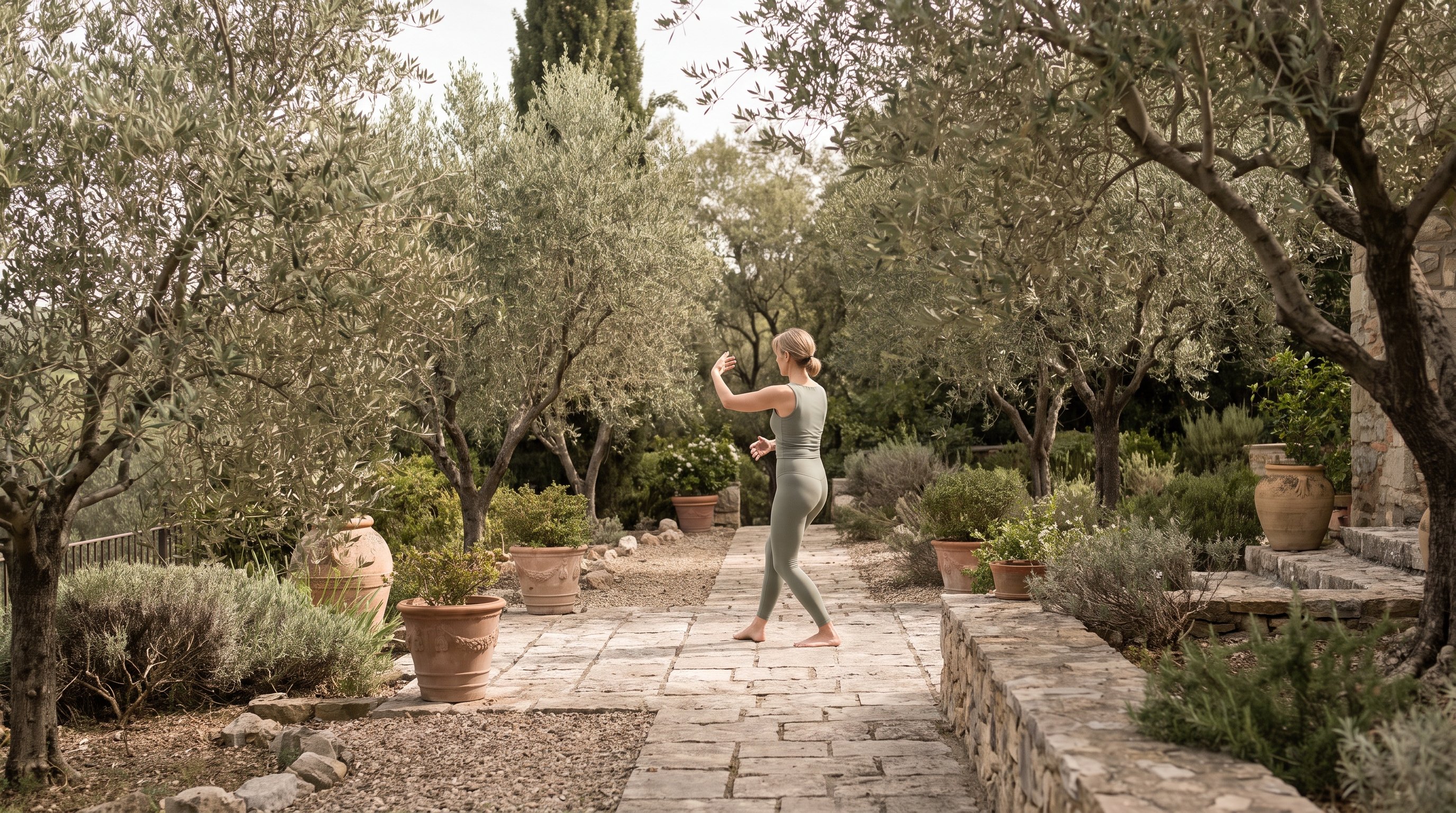 a woman in her 50s doing slow flowing qigong movements in a calm garden