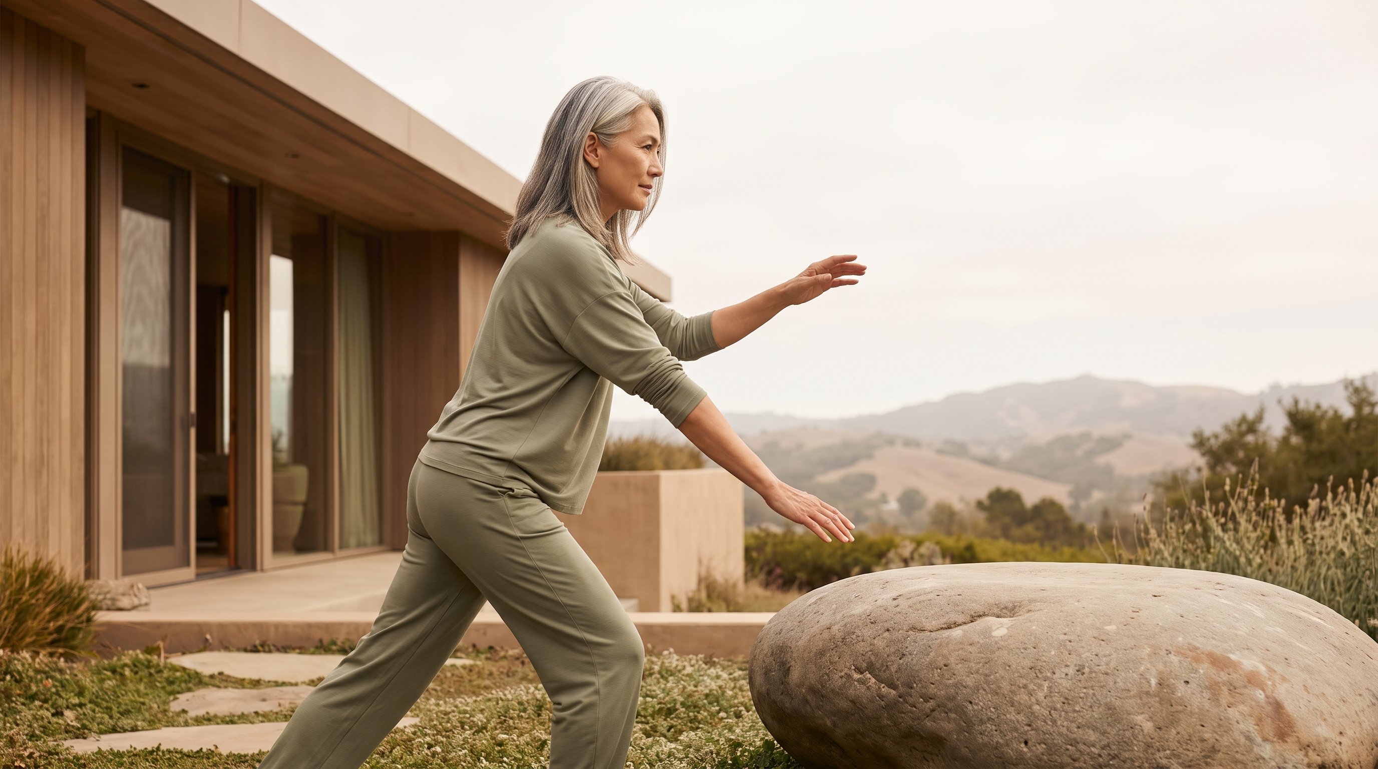 person practising qigong at home person practising qigong at home