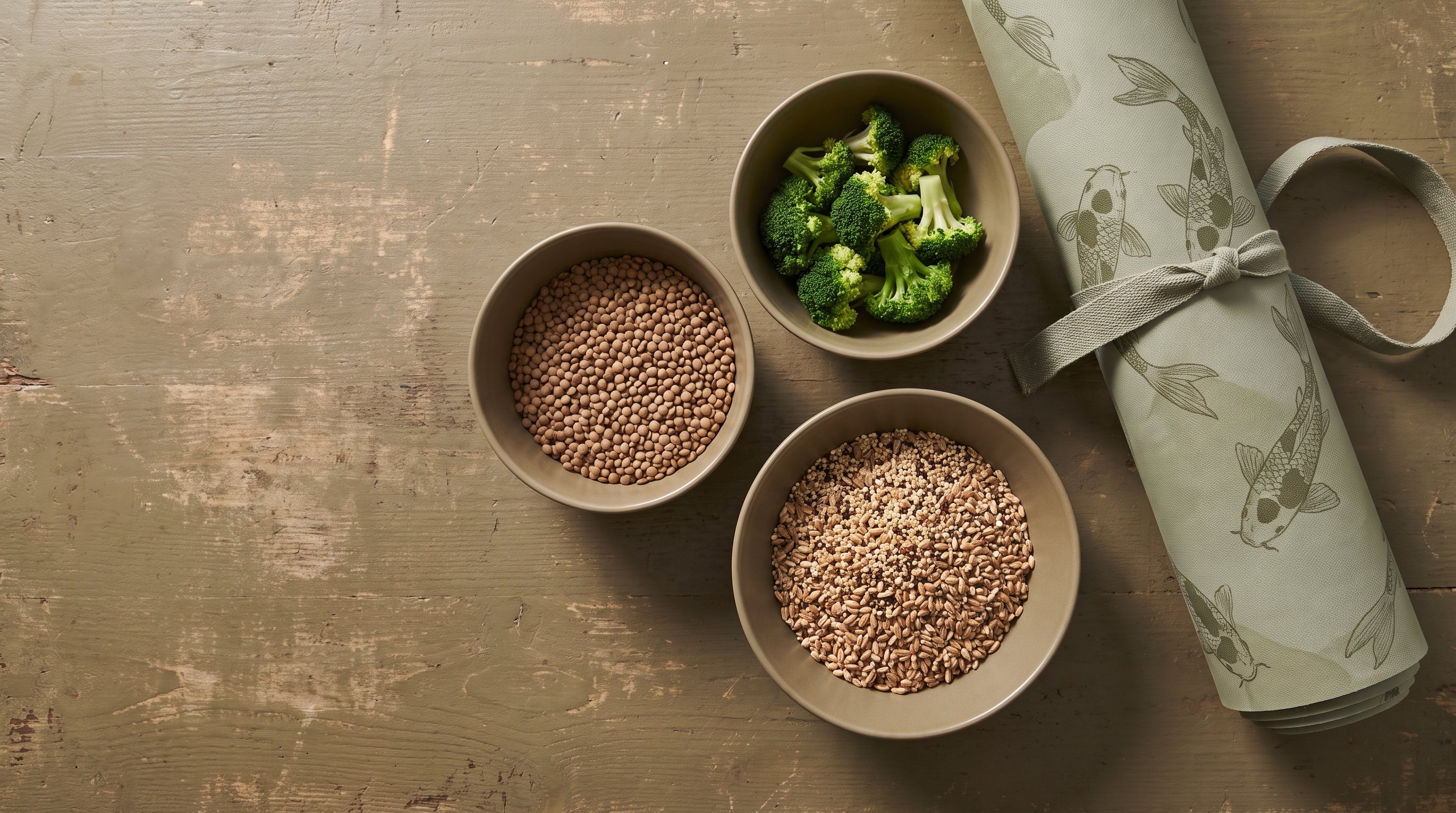 fresh vegetables and whole grains on wooden table