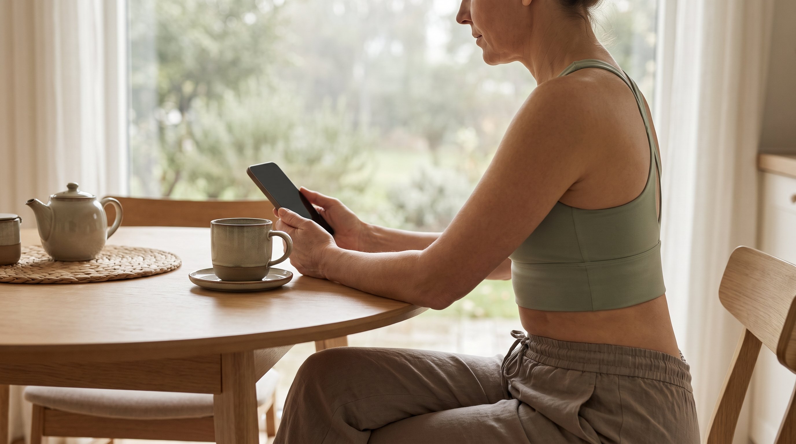 person checking subscription settings on a phone at a kitchen table
