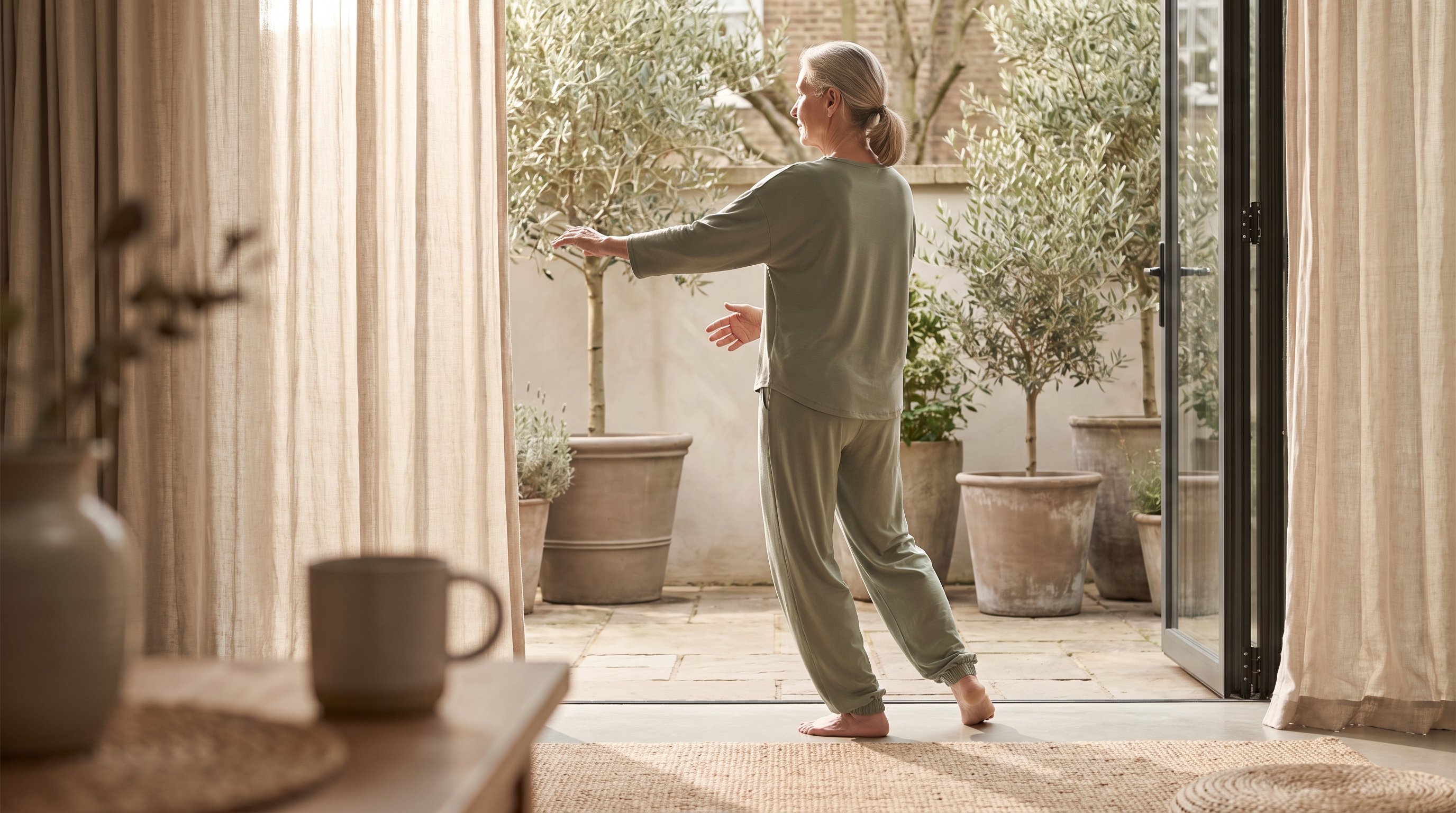 person practising qigong at home person practising qigong at home