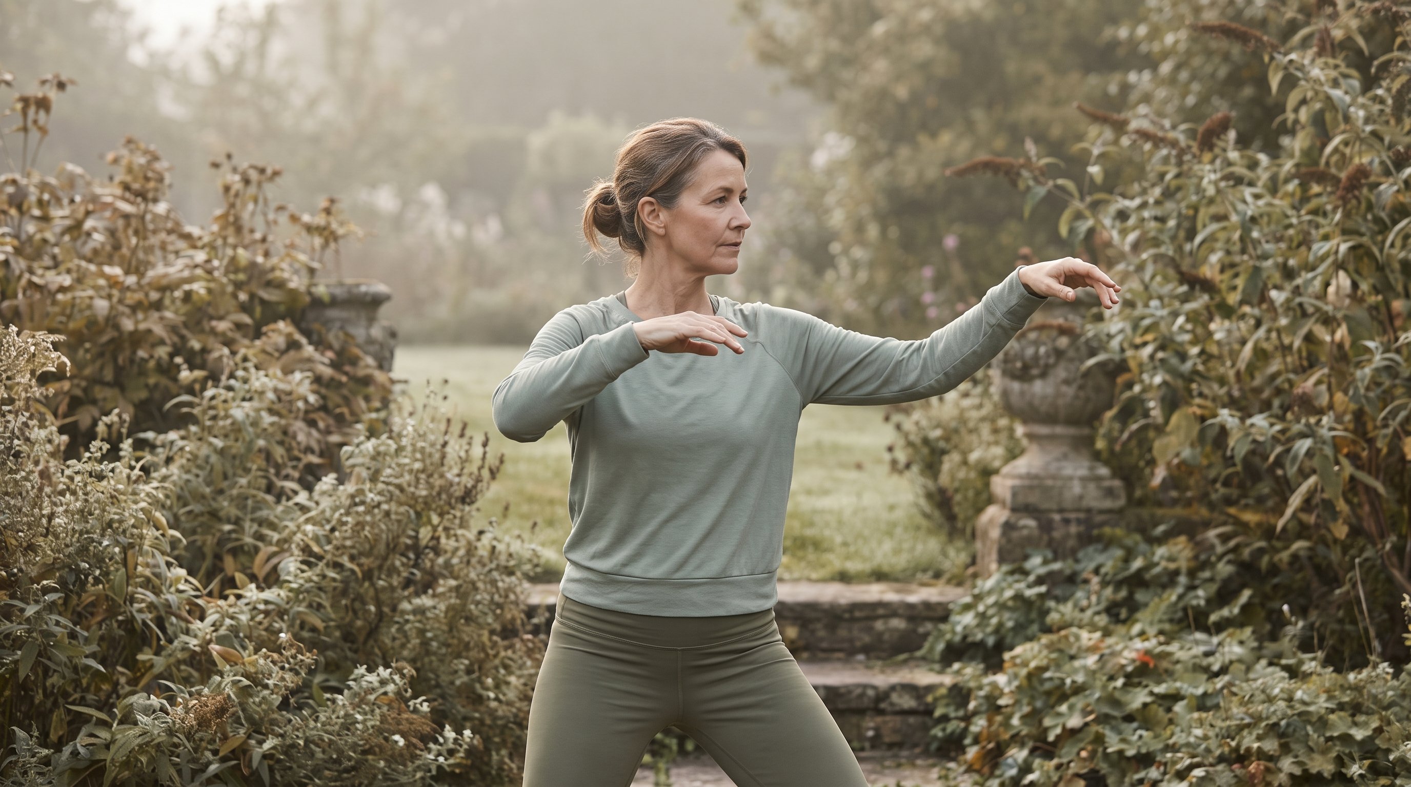 a woman in her 50s doing slow flowing qigong movements in a calm garden
