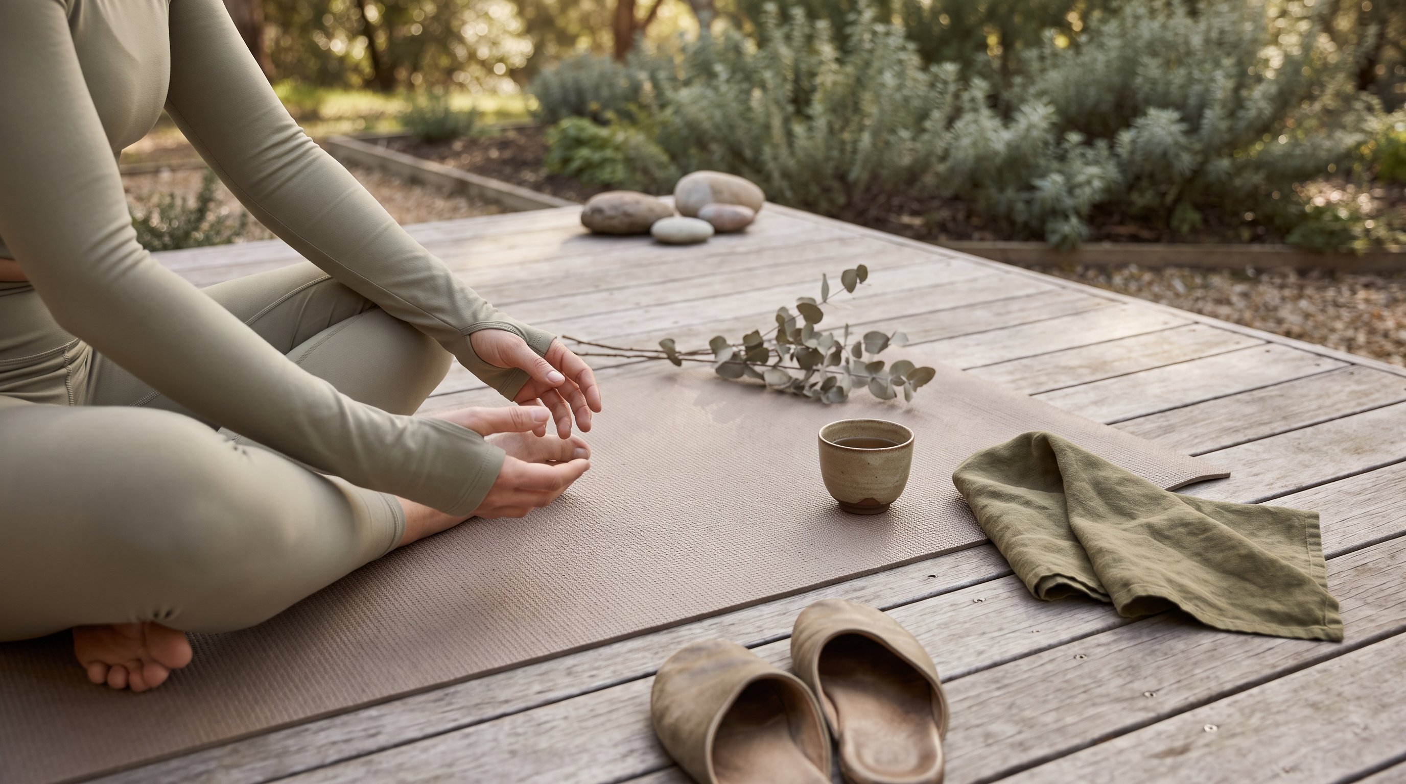 a woman in her 50s doing slow flowing qigong movements in a calm garden