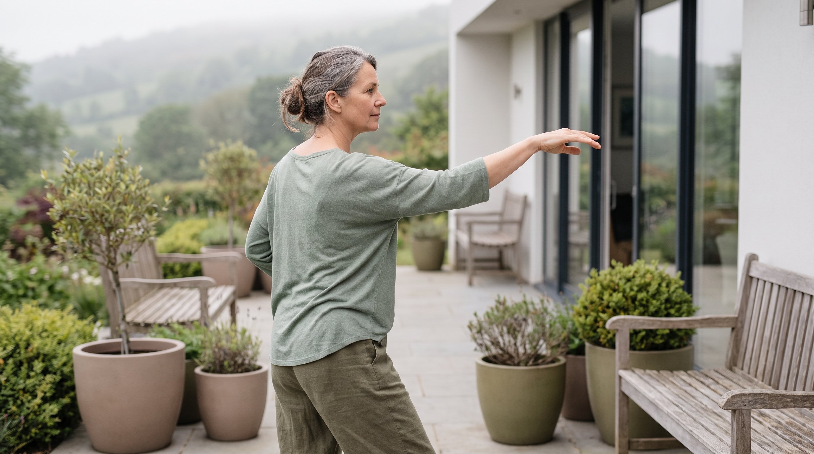 person practising qigong at home person practising qigong at home